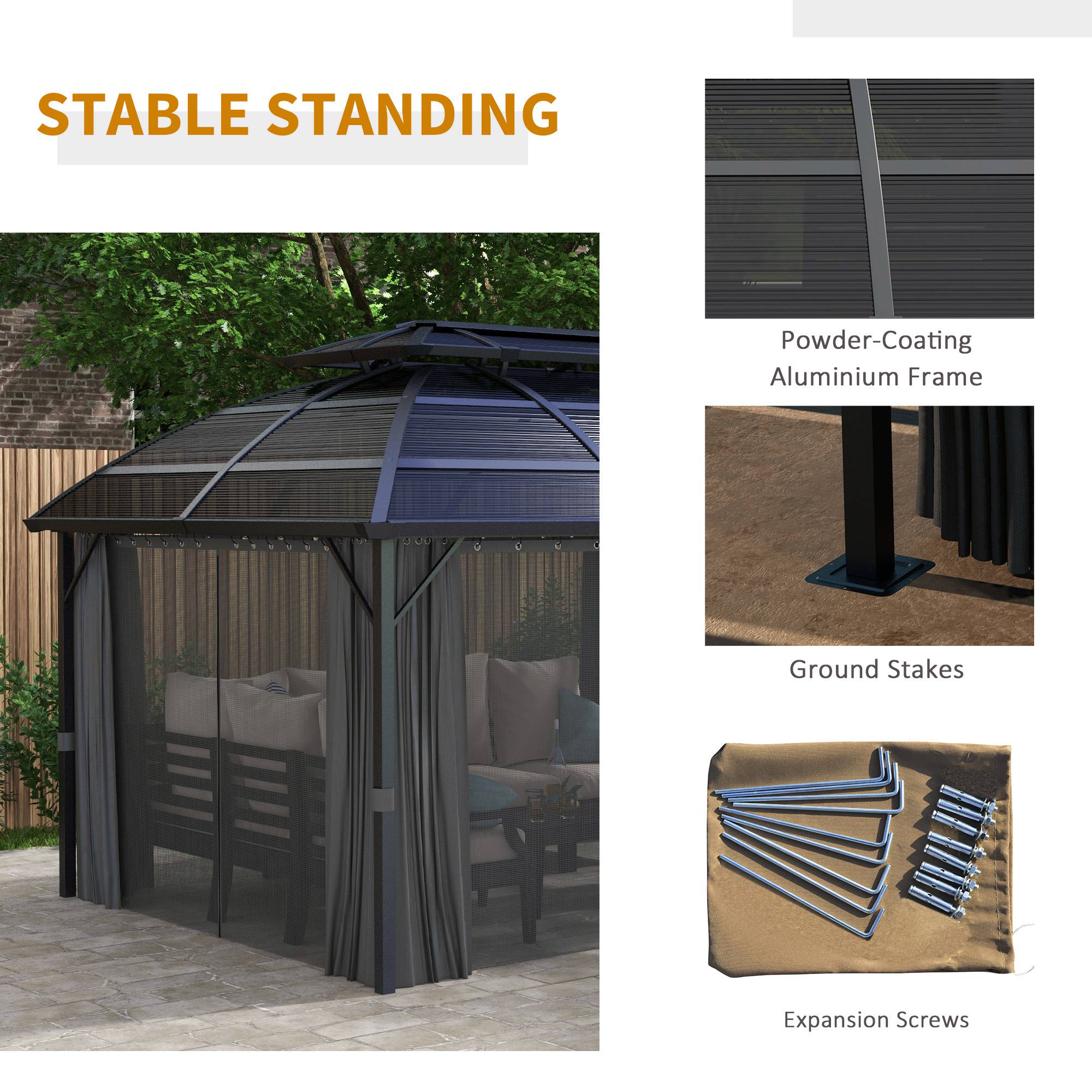 Outsunny 13' x 10' Double Roof Gazebo featuring a stable aluminum frame and removable curtains, with ground stakes and expansion screws for secure installation. Perfect for outdoor gatherings and relaxation.
