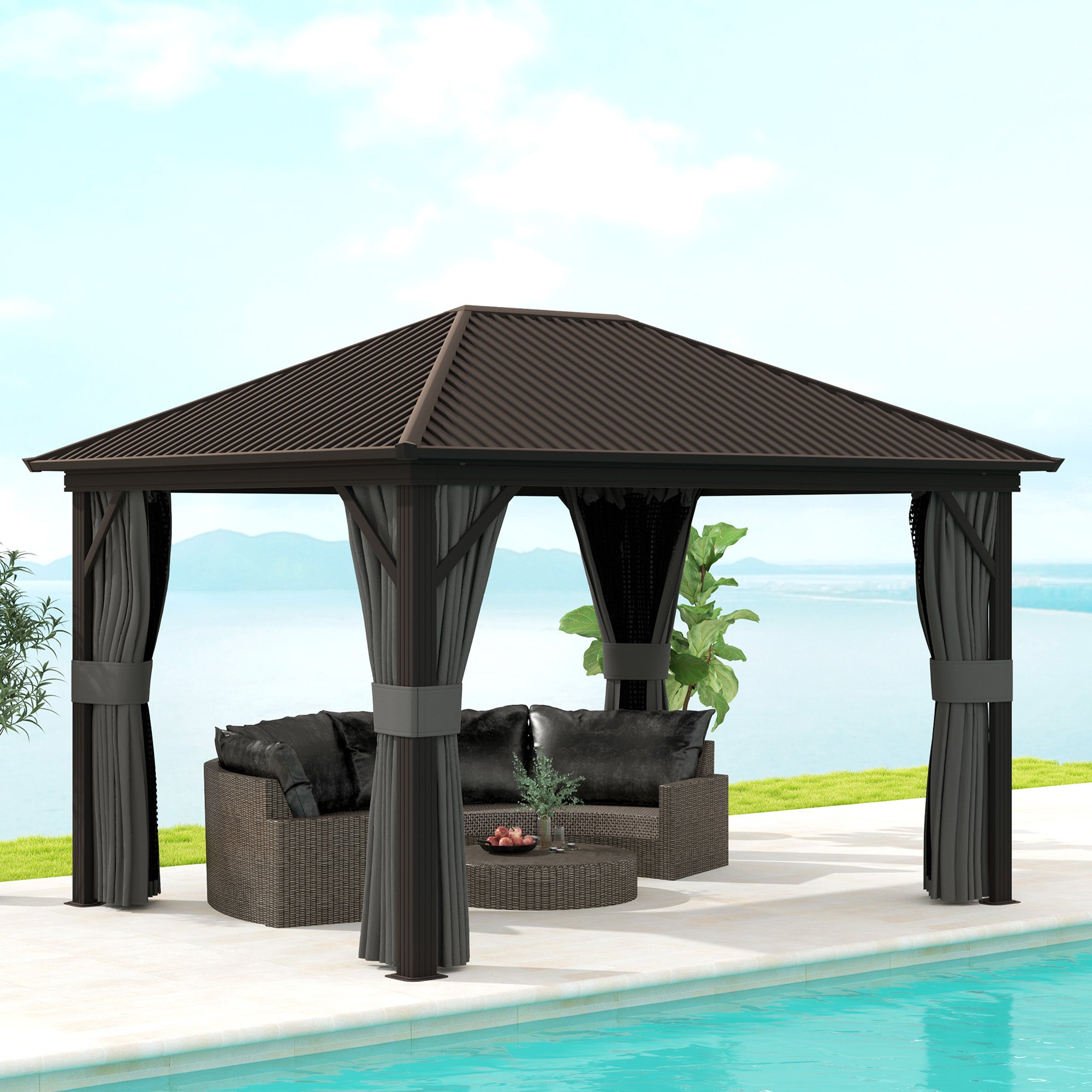 The Outsunny 10' x 12' Hardtop Gazebo placed by a poolside, displaying its spacious design with comfortable seating, perfect for outdoor gatherings.