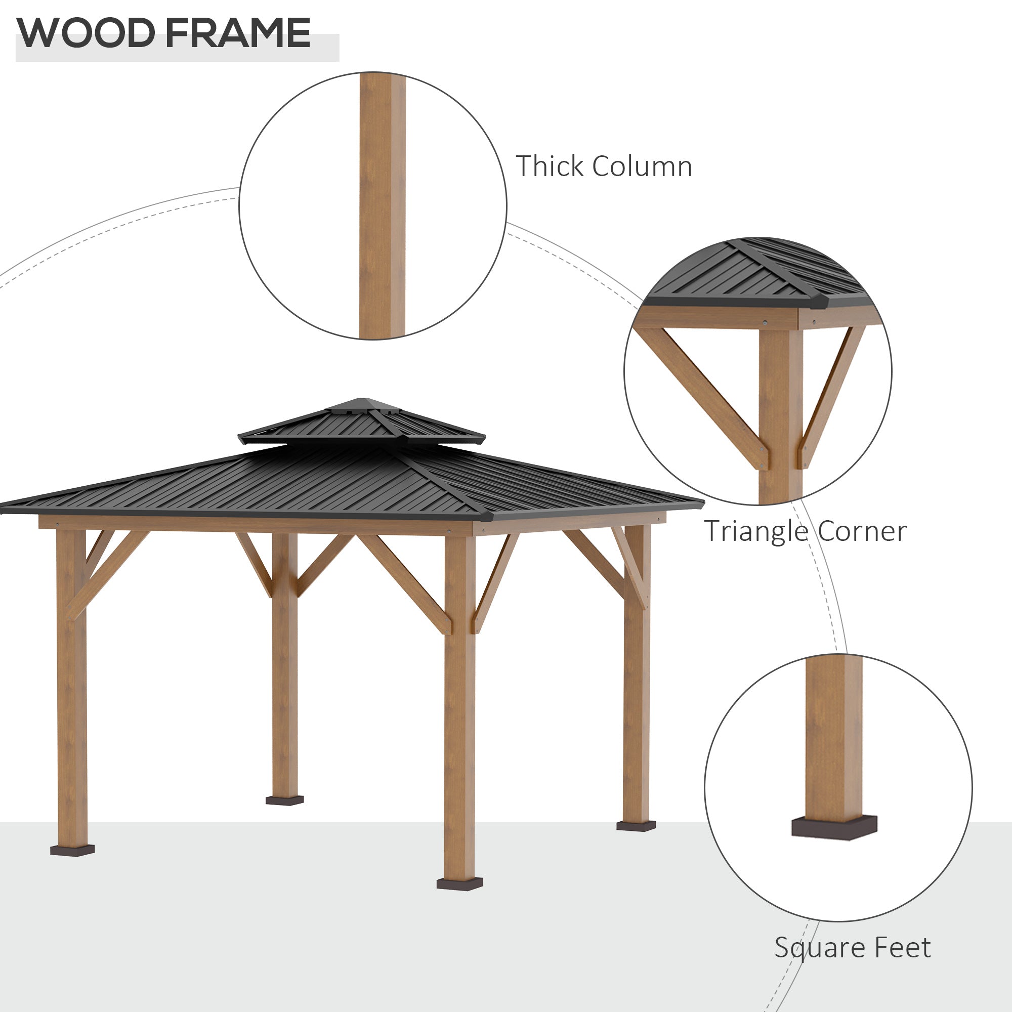 Detailed look at the sturdy wood frame construction of the Outsunny 11' x 11' Wood Frame Hardtop Gazebo, emphasizing its thick columns and triangle corners.