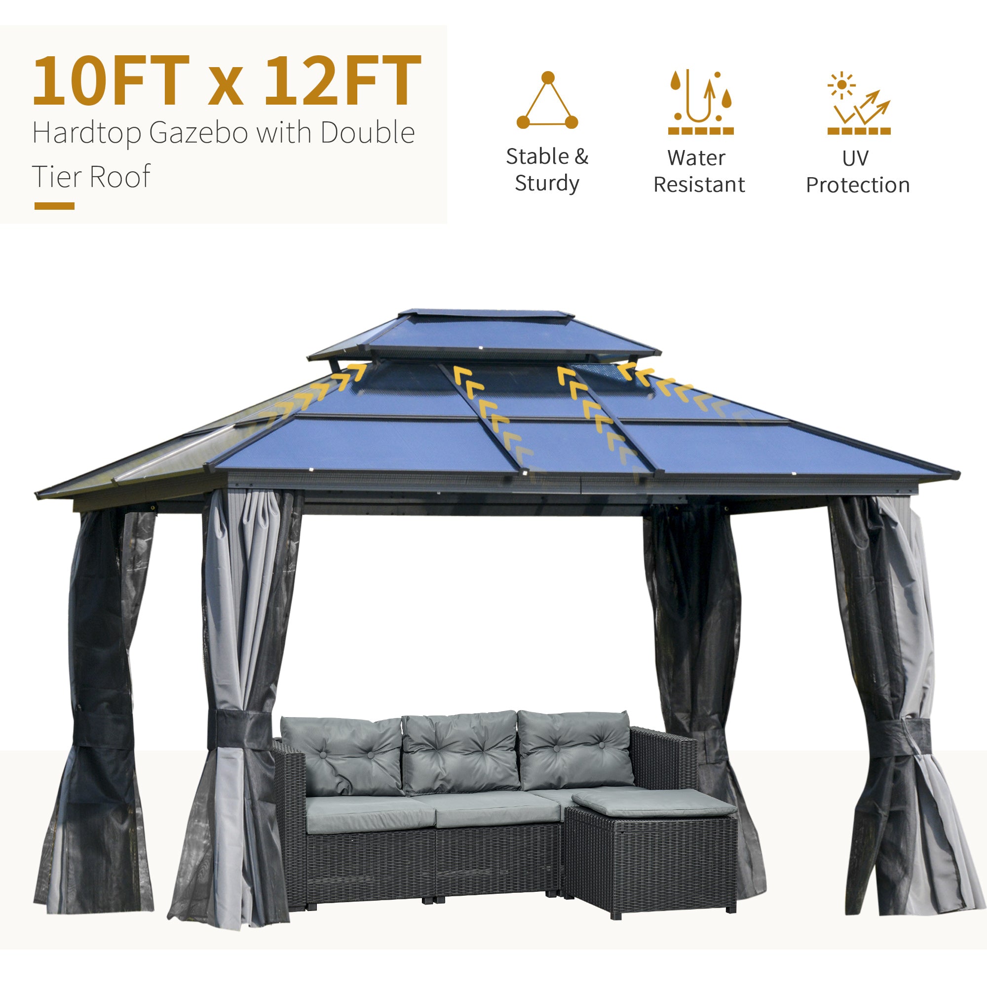 Outsunny 10'X12' Hardtop Gazebo with Double Roof, featuring curtains and mesh walls, beautifully landscaped backyard.