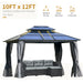 Outsunny 10'X12' Hardtop Gazebo with Double Roof, featuring curtains and mesh walls, beautifully landscaped backyard.