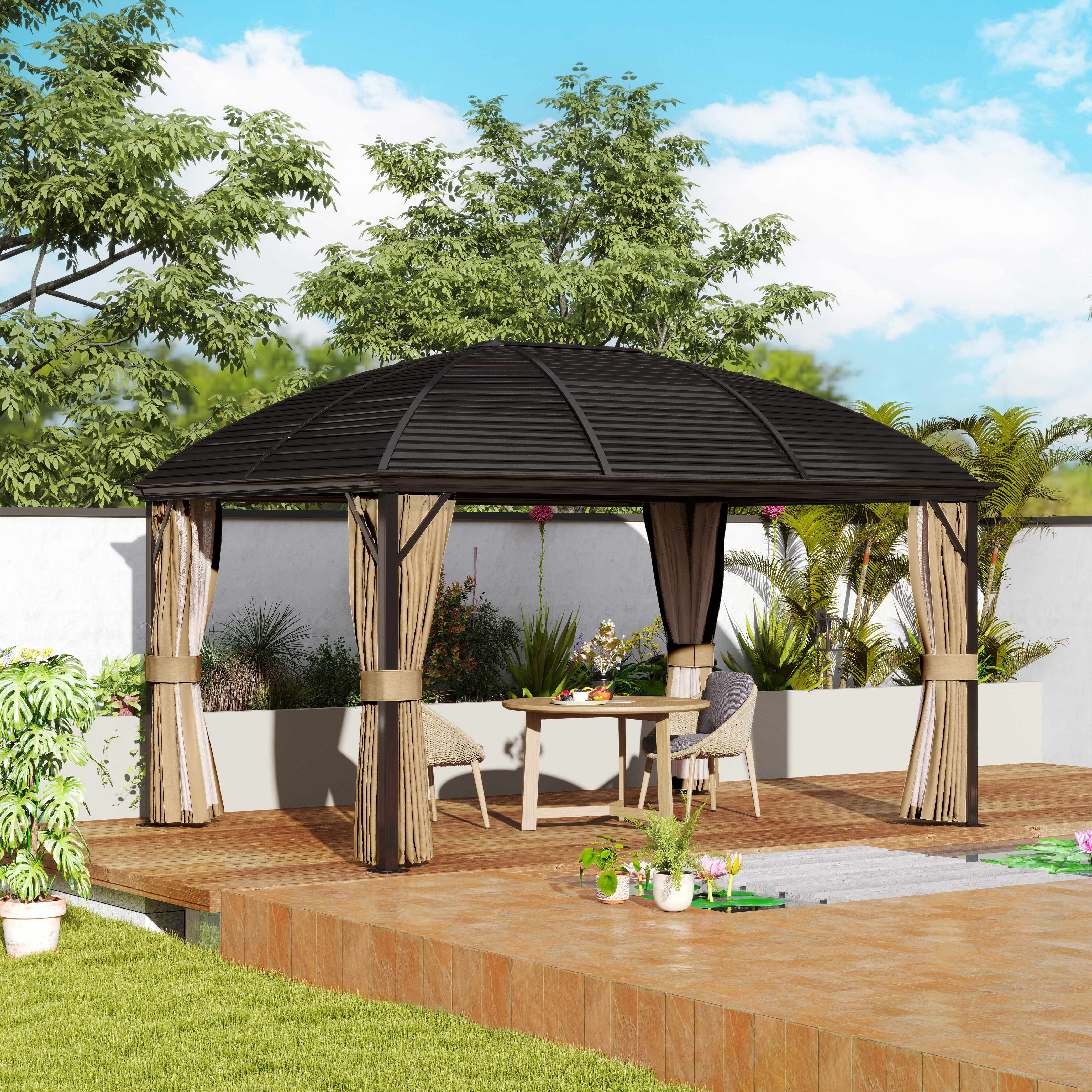 Outsunny 10' x 13' Hardtop Aluminum Gazebo in a beautiful outdoor setting, demonstrating a perfect space for gatherings and relaxation.