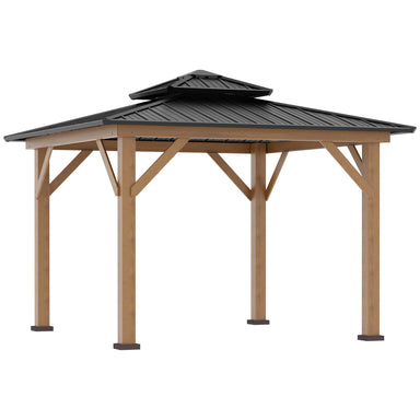 Outsunny 11' x 11' Wood Frame Hardtop Gazebo with Dual-Tier Galvanized Steel Roof and Vents showcasing its sturdy design and natural wood finish.