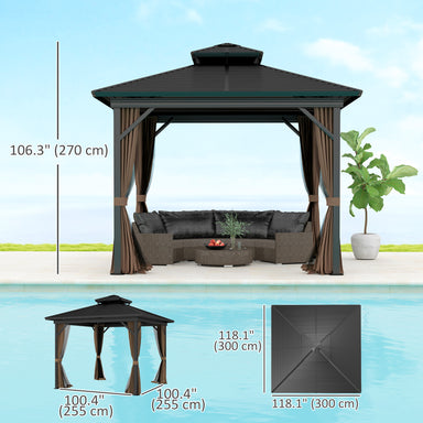 Outsunny 10' X 10' Hardtop Gazebo displayed next to outdoor furniture, highlighting its spacious design with protective curtains and stylish appearance.