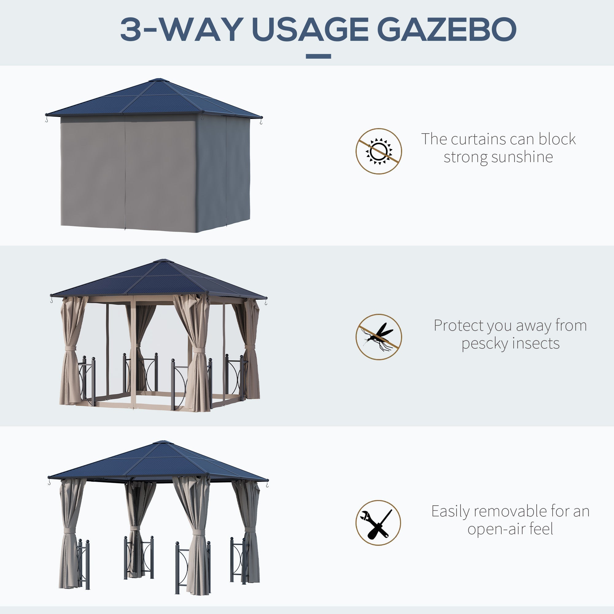 Outsunny 10'X10' Hardtop Gazebo demonstrating 3-way usage with curtains that block strong sunlight, protect against insects, and removable for open-air enjoyment.