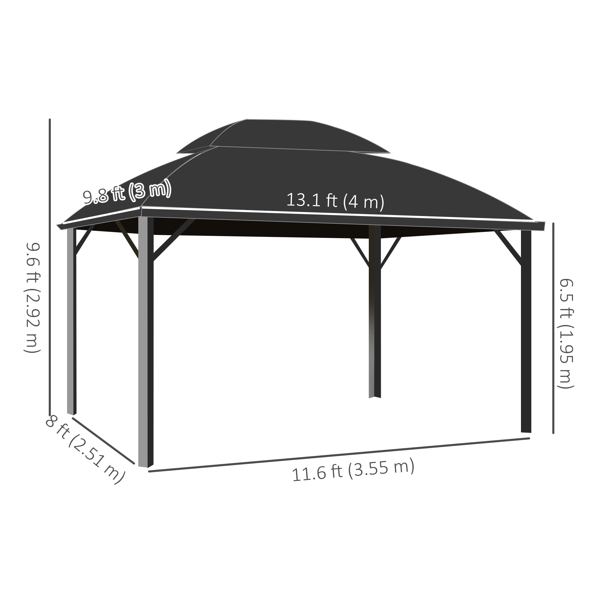 Outsunny 13' x 10' Double Roof Gazebo dimensions illustration, showcasing the structure's height and width for outdoor gatherings.