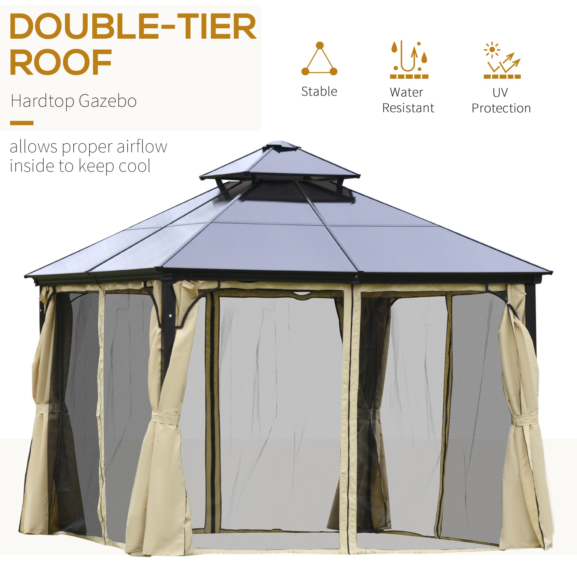 Close-up of the Outsunny 10' x 10' Metal Hardtop Gazebo Canopy showcasing its double-tier roof design that allows for airflow and UV protection.