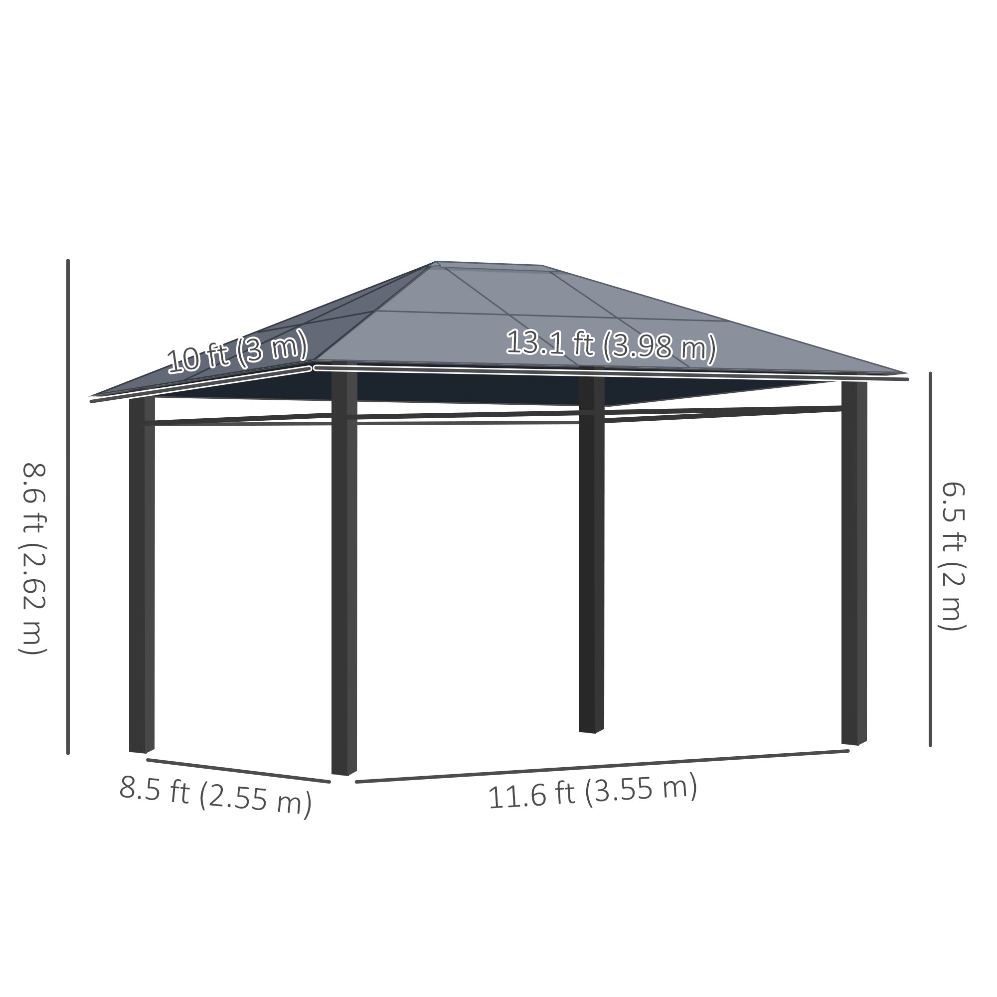 Dimensions of the Outsunny 10' x 10' Hardtop Gazebo, highlighting its size with measurements including height, width, and length.