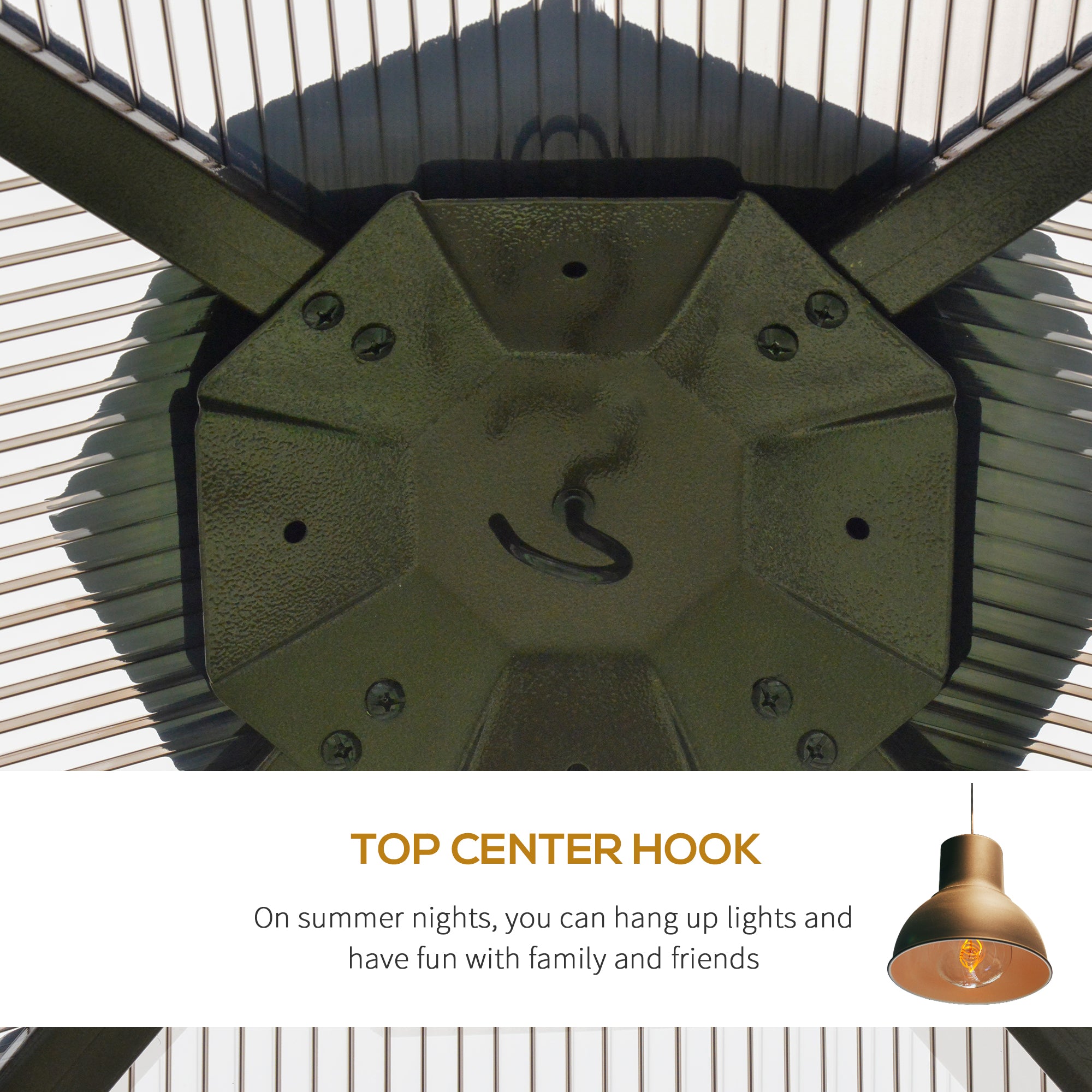 Top center hook of the Outsunny 10' x 10' Metal Hardtop Gazebo Canopy designed for hanging lights, perfect for summer evening gatherings.