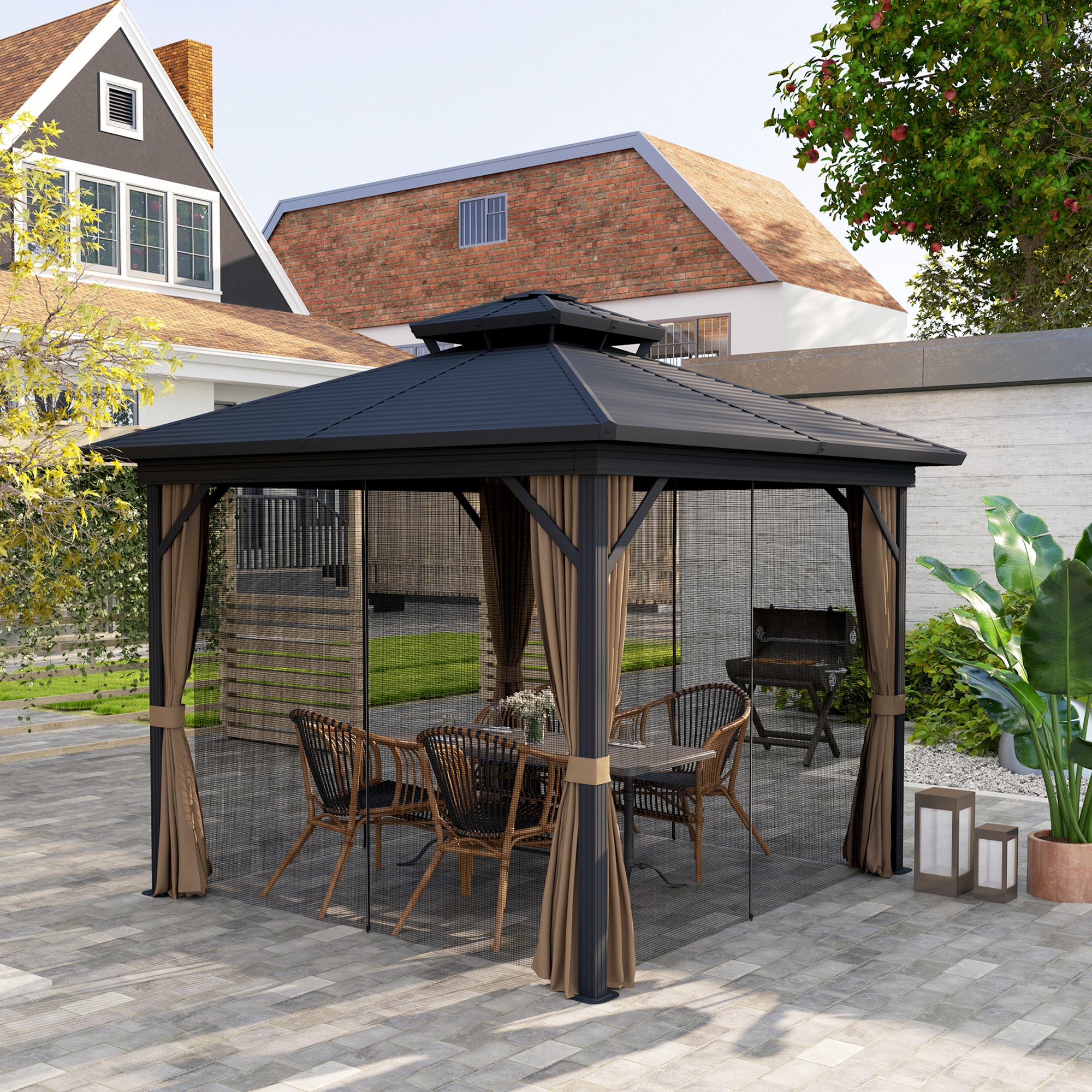 Outsunny 10' X 10' Hardtop Gazebo showcased in a backyard setting, providing stylish shelter for outdoor dining with seating and netting protection.