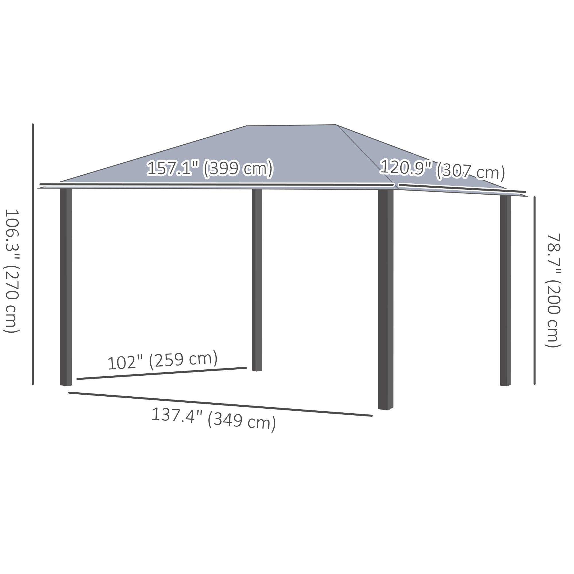 Dimensions diagram of the Outsunny 13' x 10' Hardtop Gazebo with Netting & Curtains, showing measurements for optimal patio, garden, or deck setup.