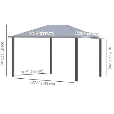 Dimensions diagram of the Outsunny 13' x 10' Hardtop Gazebo with Netting & Curtains, showing measurements for optimal patio, garden, or deck setup.