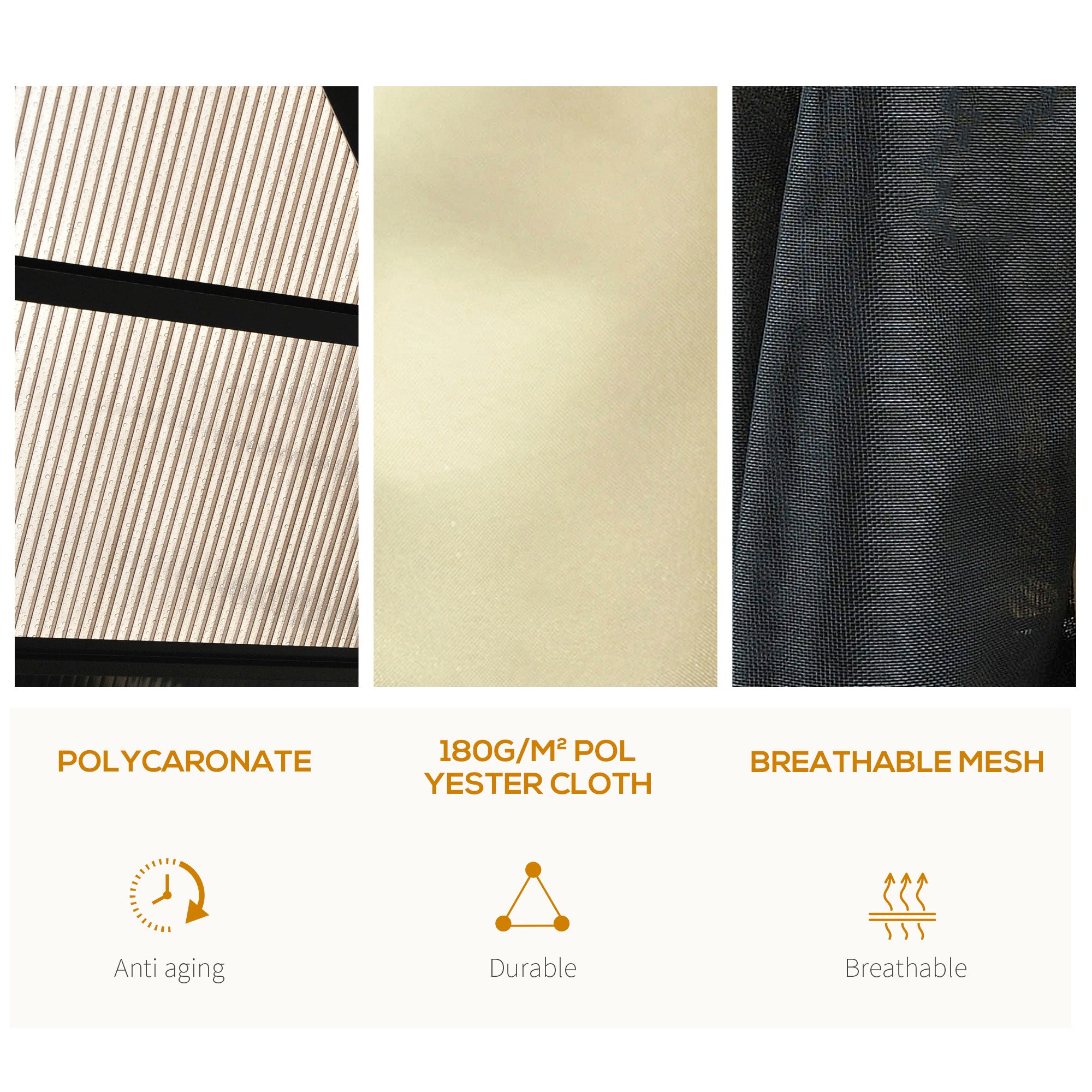 Close-up view of materials used in Outsunny 14'x12' Aluminum Patio Gazebo Canopy, showcasing polycarbonate roof, durable polyester fabric, and breathable mesh. Perfect for outdoor comfort and protection.