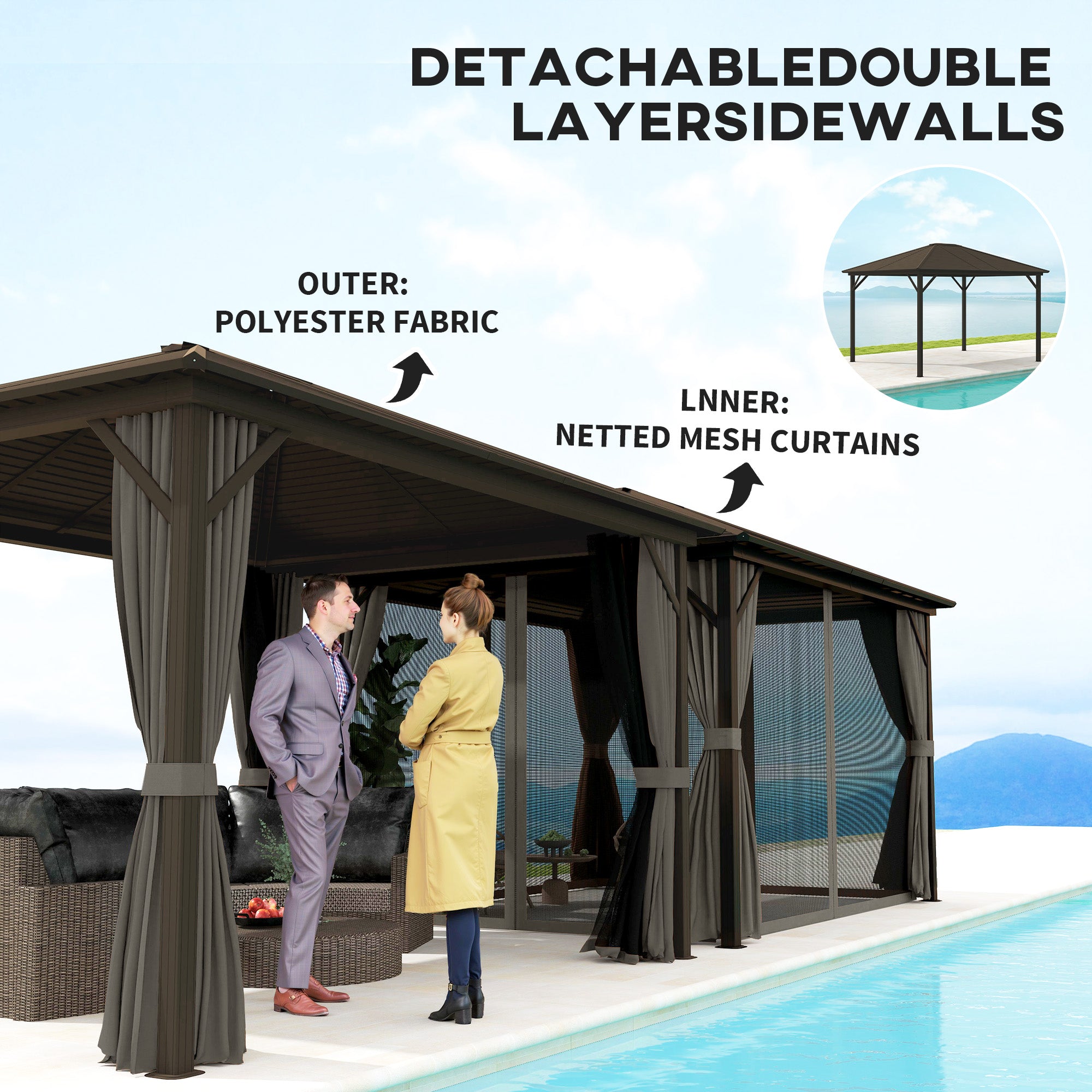 Outsunny 10' x 12' Hardtop Gazebo with detachable double layer sidewalls, highlighting the outer polyester fabric and inner netted mesh curtains.