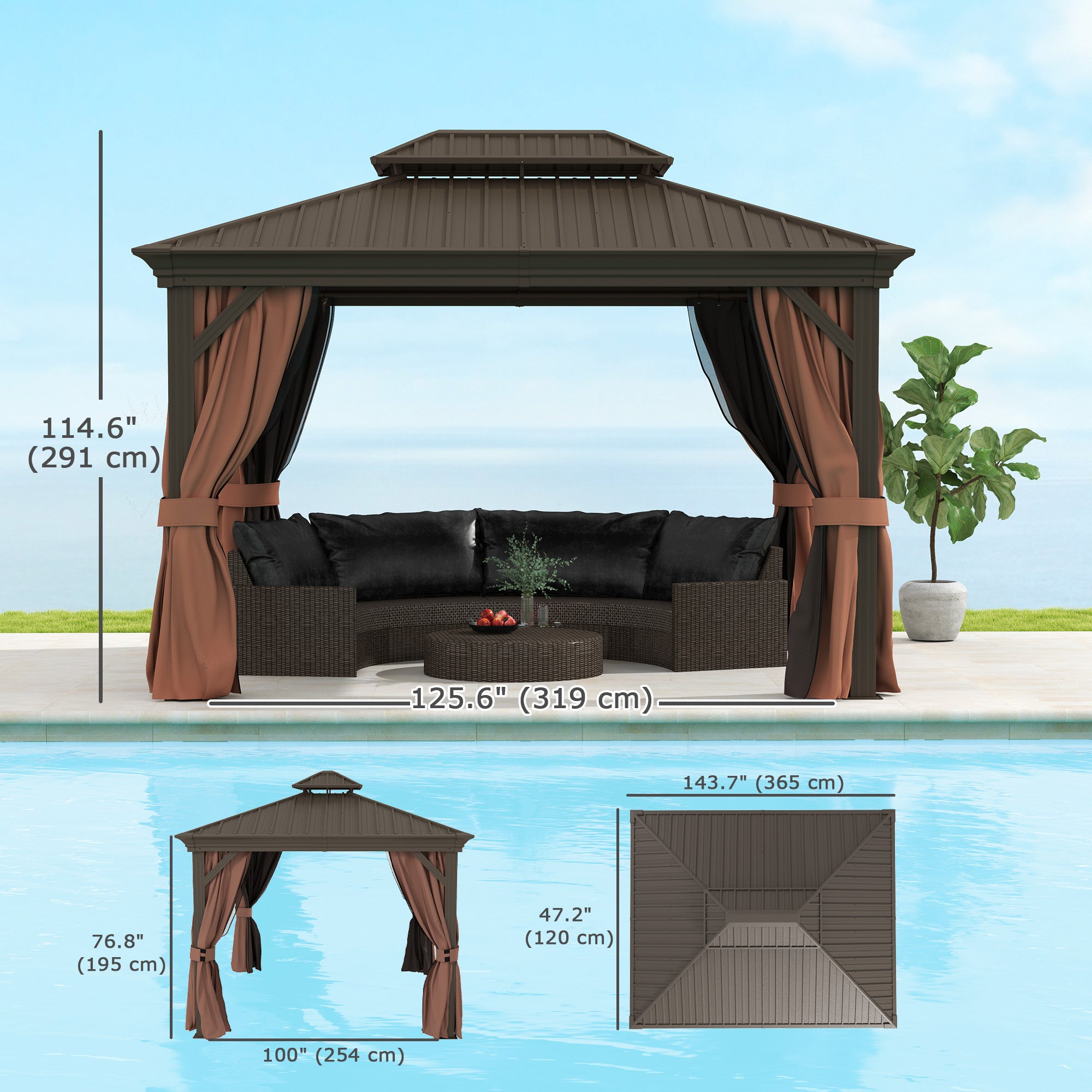 Spacious Outsunny 10' x 12' Double-Tier Hardtop Gazebo shown with patio furniture, dimensions displayed, ideal for summer entertaining.