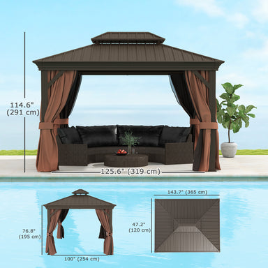 Spacious Outsunny 10' x 12' Double-Tier Hardtop Gazebo shown with patio furniture, dimensions displayed, ideal for summer entertaining.