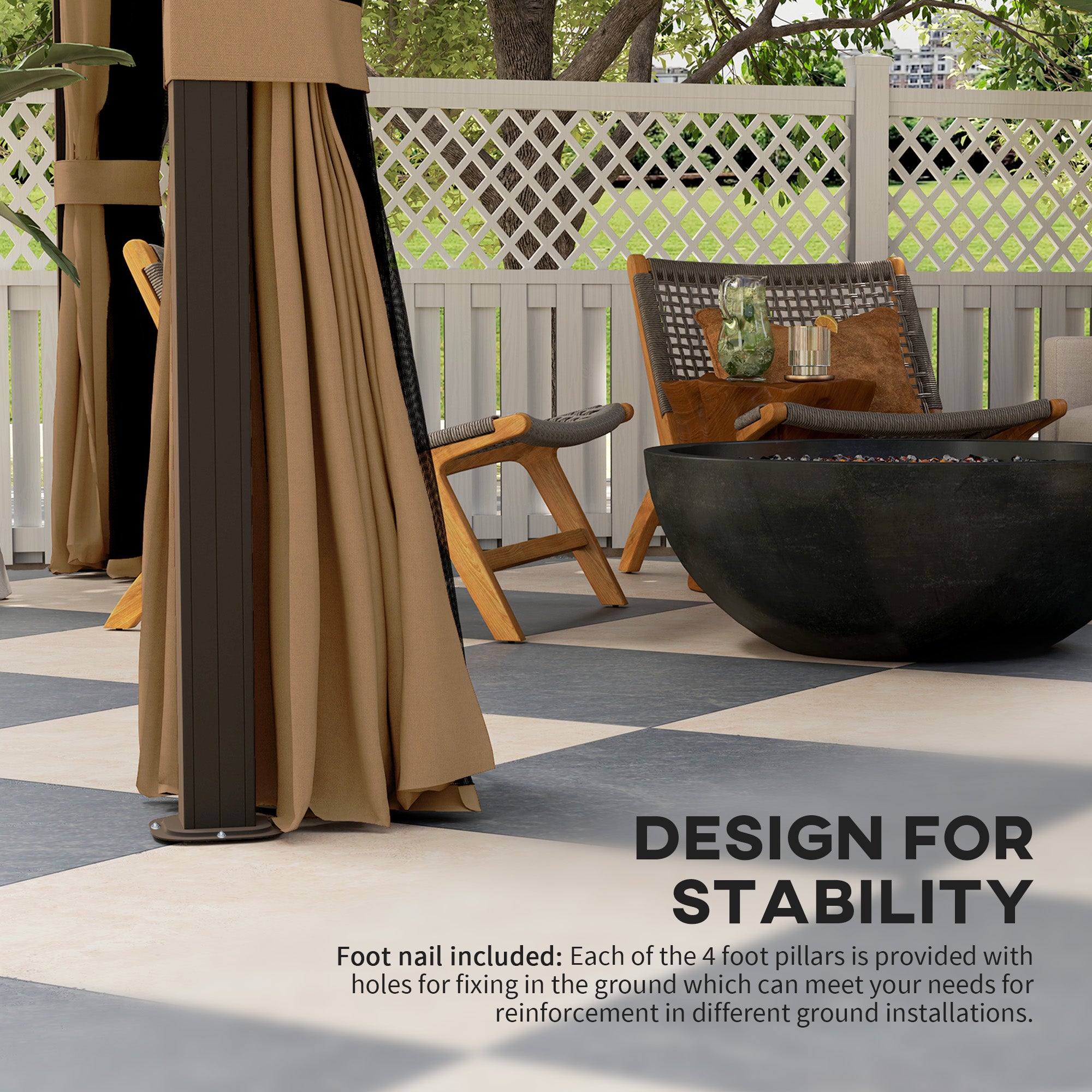 Outsunny 10' x 12' Hardtop Gazebo showcasing its sturdy design with four foot pillars, highlighted stability features, and elegant curtains for outdoor comfort.