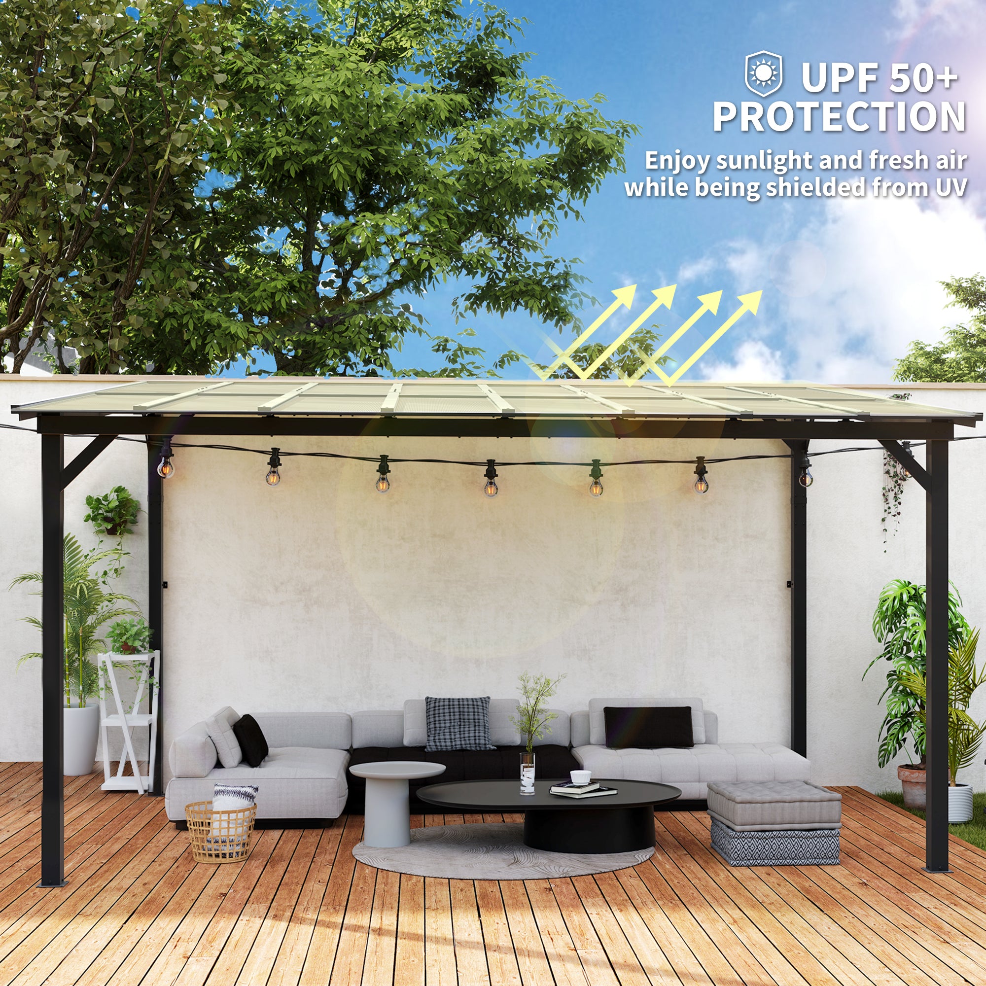 Stylish outdoor living area under the Outsunny 10' x 14' Waterproof Hardtop Gazebo with UPF 50+ sun protection, perfect for relaxation.