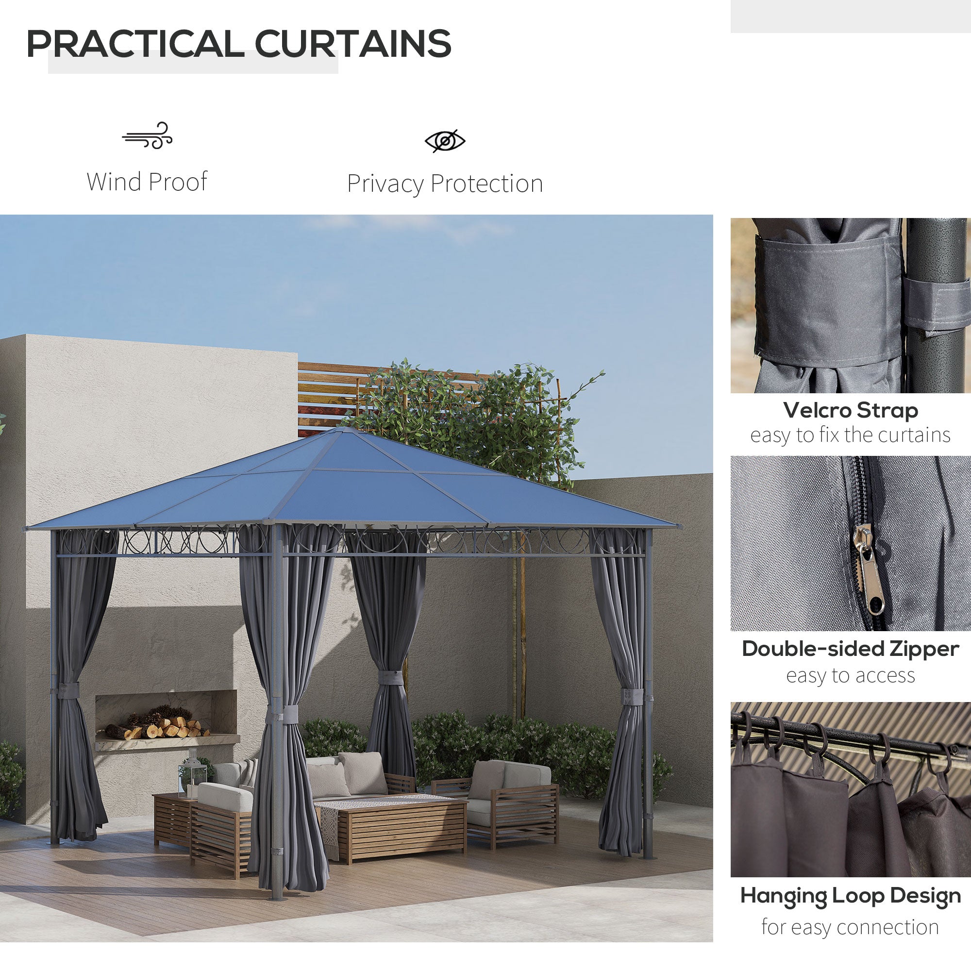 The practical curtains of the Outsunny 10'x10' Hardtop Gazebo, showcasing windproof and privacy protection with easy access zippers.