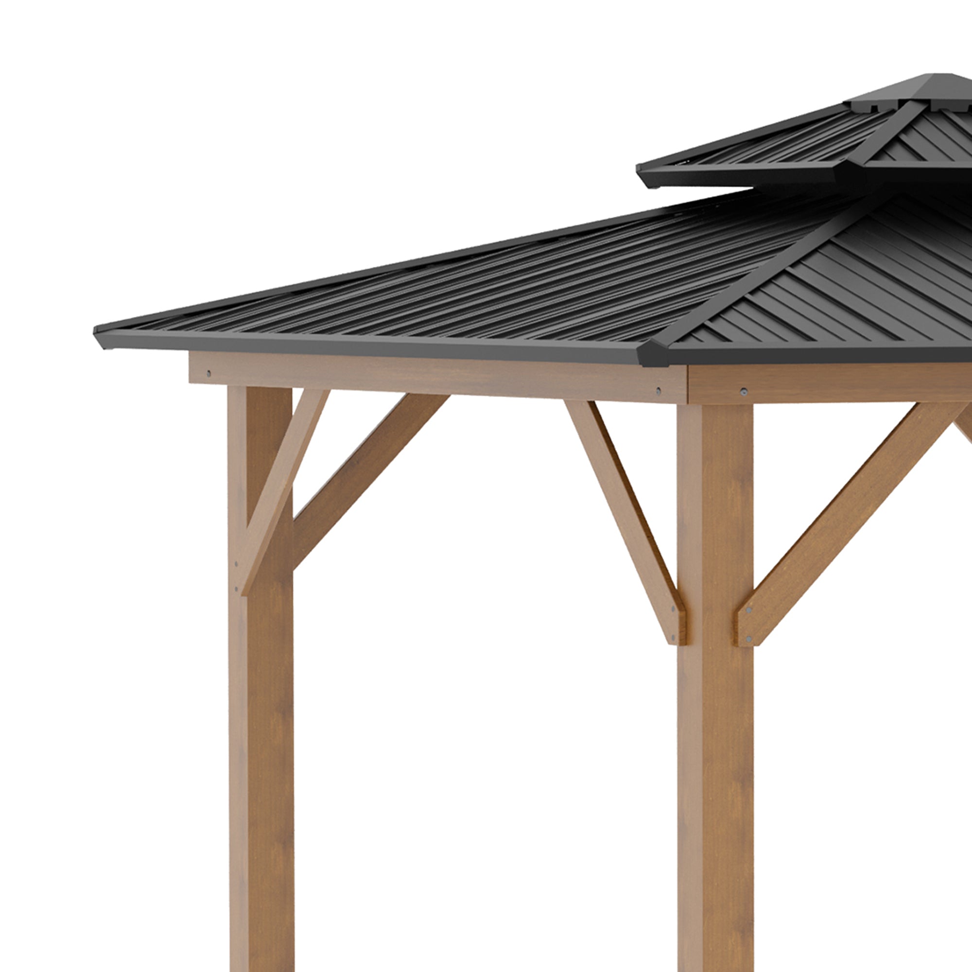 Detailed view of the roof structure of the Outsunny 11' x 11' Wood Frame Hardtop Gazebo showcasing its dual-tier galvanized steel design.