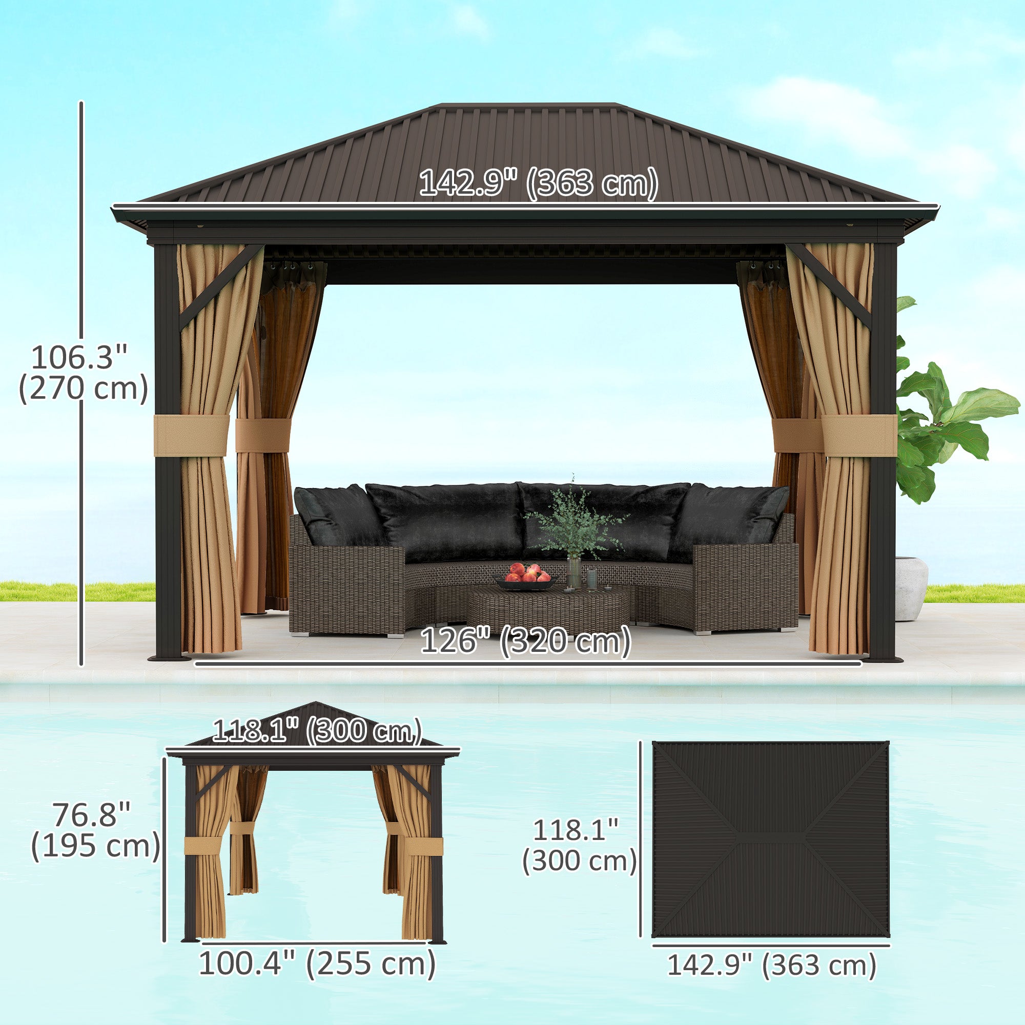 Outsunny 10' x 12' Hardtop Gazebo with Aluminum Frame, Steel Roof & Mesh Netting by Dream Yard Oasis, showcasing dimensions and design for spacious outdoor gatherings.