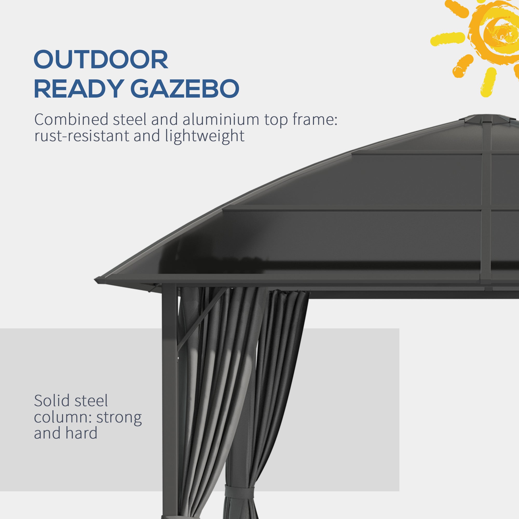 Close-up view of the 10'x10' Outsunny Hardtop Gazebo showcasing its rust-resistant steel and aluminum top frame, ideal for outdoor use.