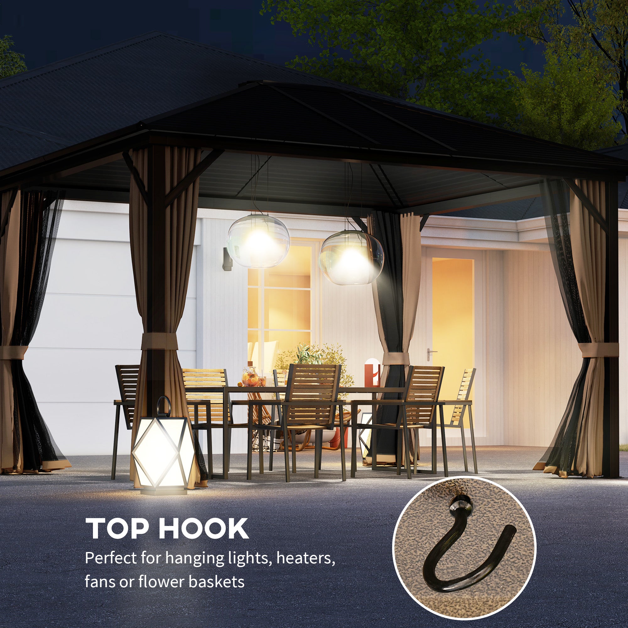 Outsunny 10' x 12' Hardtop Gazebo illuminated at night, showcasing the top hook ideal for hanging lights, with a cozy outdoor dining setup.