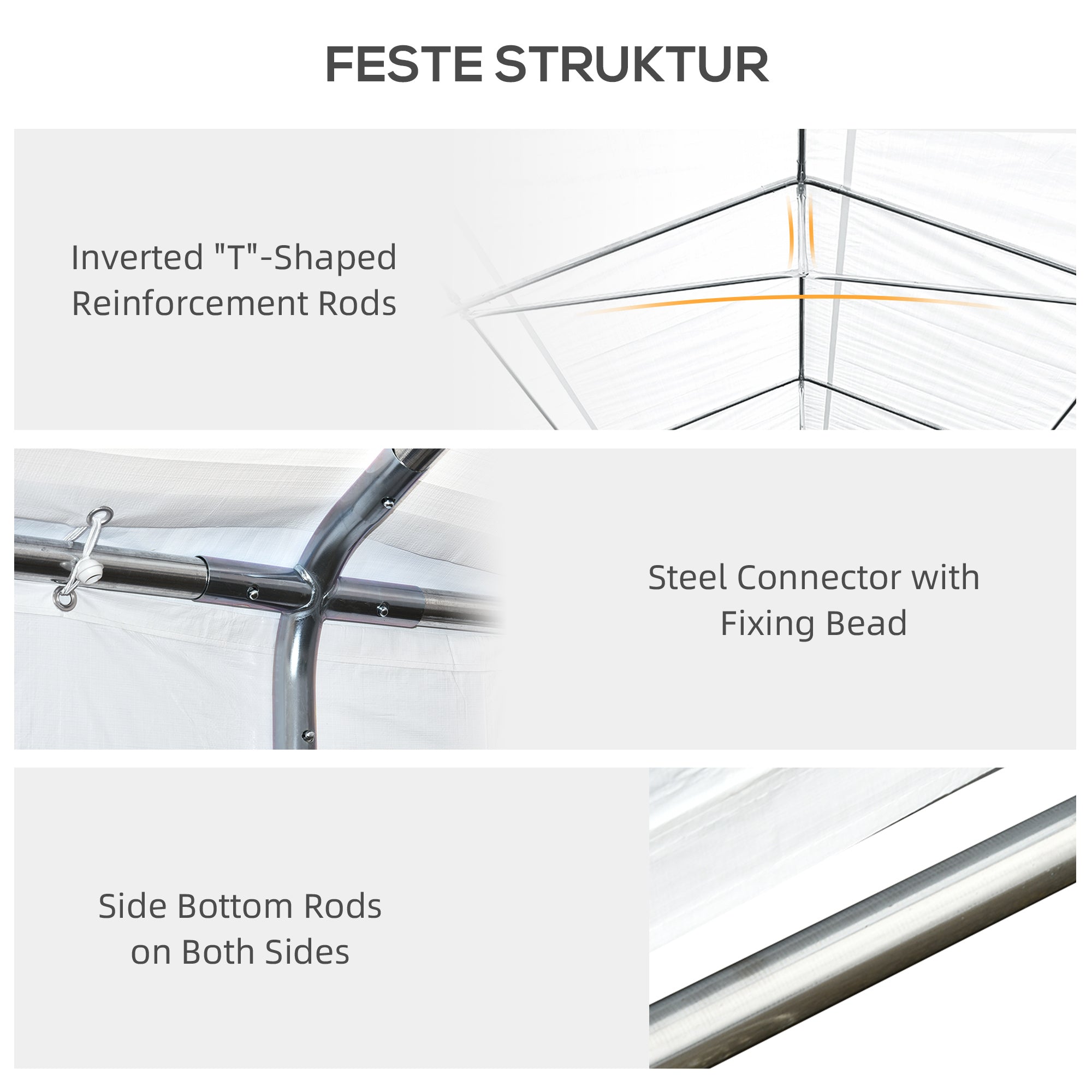 Detailed view of Outsunny 20' x 10' Outdoor Party Tent Canopy, highlighting Inverted 'T'-Shaped Reinforcement Rods, Steel Connector with Fixing Bead, and Side Bottom Rods on Both Sides for enhanced stability and durability.
