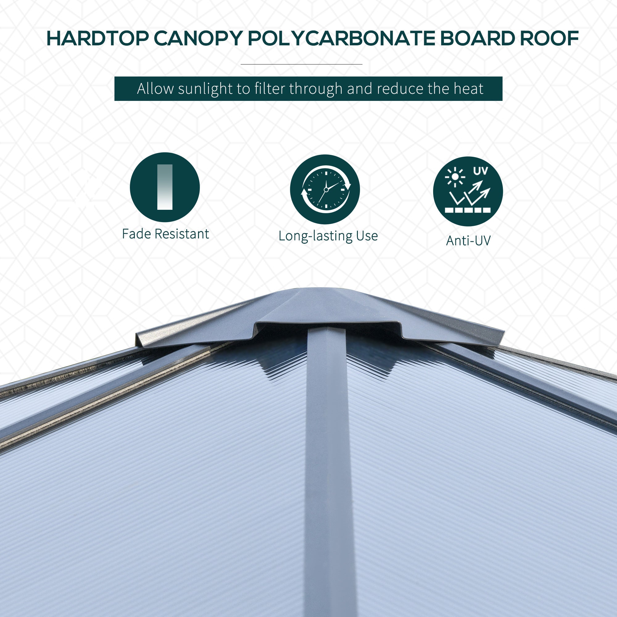 Close-up of the polycarbonate board roof of the Outsunny 10' X 10' Heavy Duty Aluminum Hardtop Gazebo, highlighting UV protection and fade resistance features.