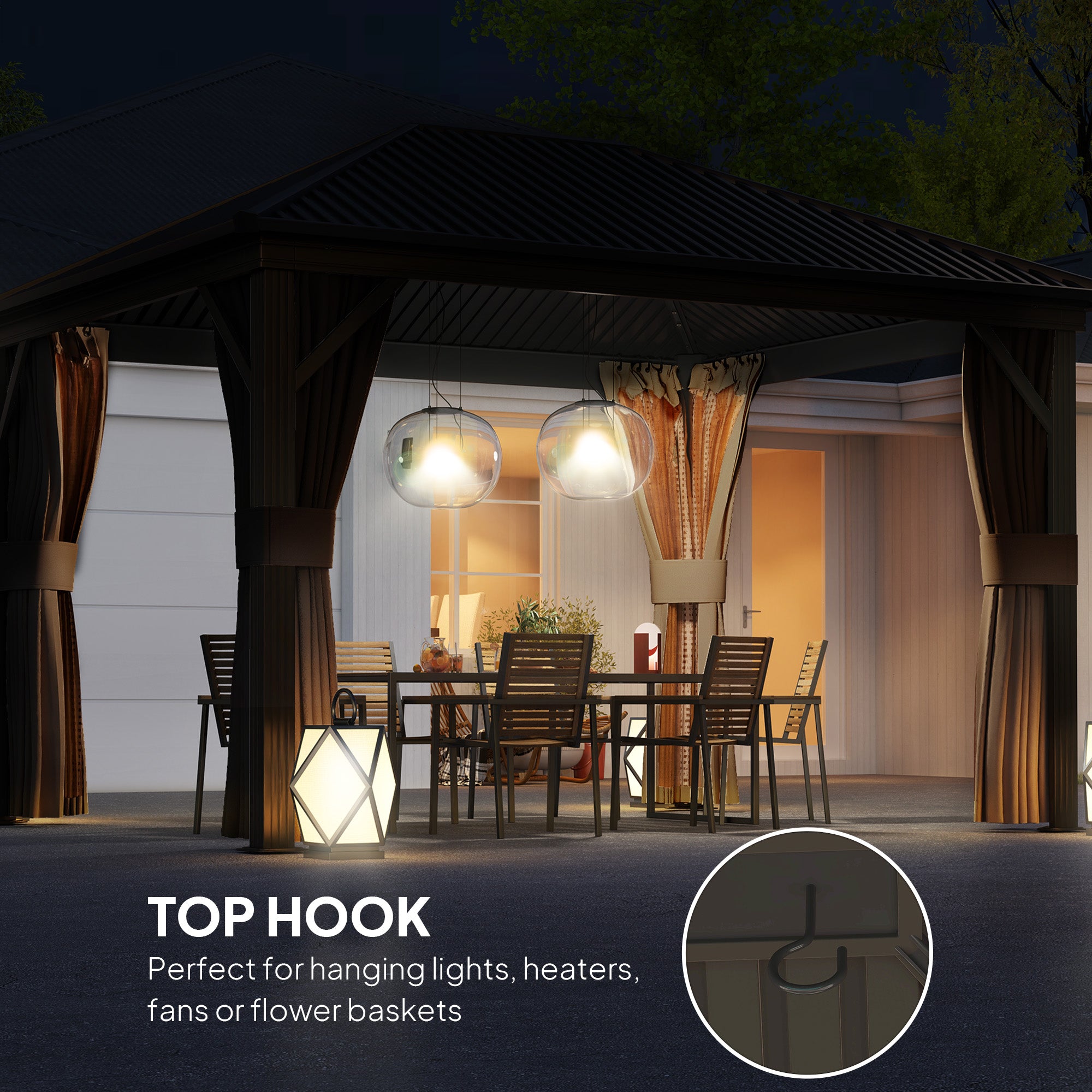 Outsunny 10' x 12' Hardtop Gazebo with Aluminum Frame, Steel Roof & Mesh Netting by Dream Yard Oasis, featuring a cozy evening setup with lighting options, perfect for outdoor entertaining.