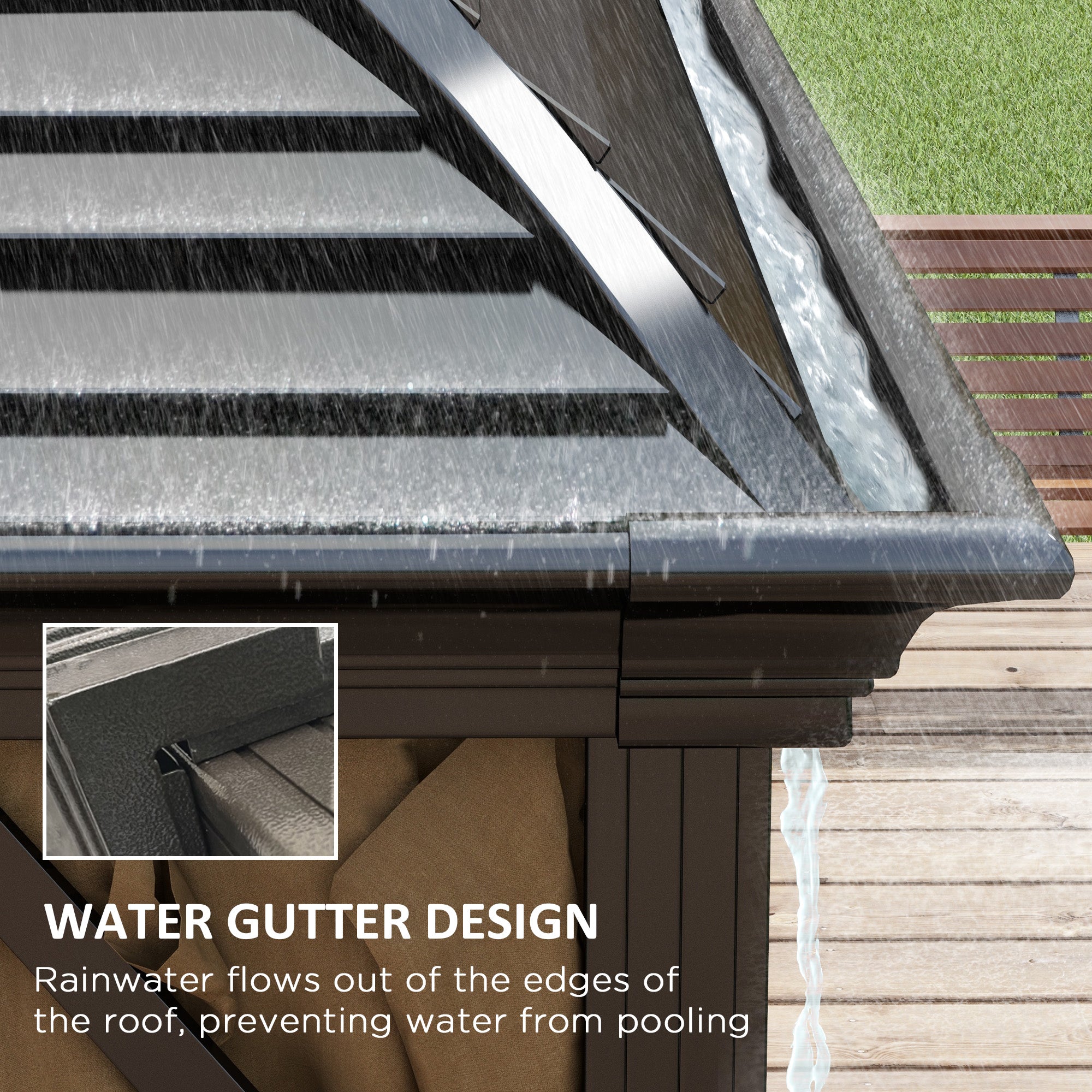 Close-up of the Outsunny 10' x 13' Hardtop Aluminum Gazebo's water gutter design, preventing water pooling while showcasing its functional aesthetics.