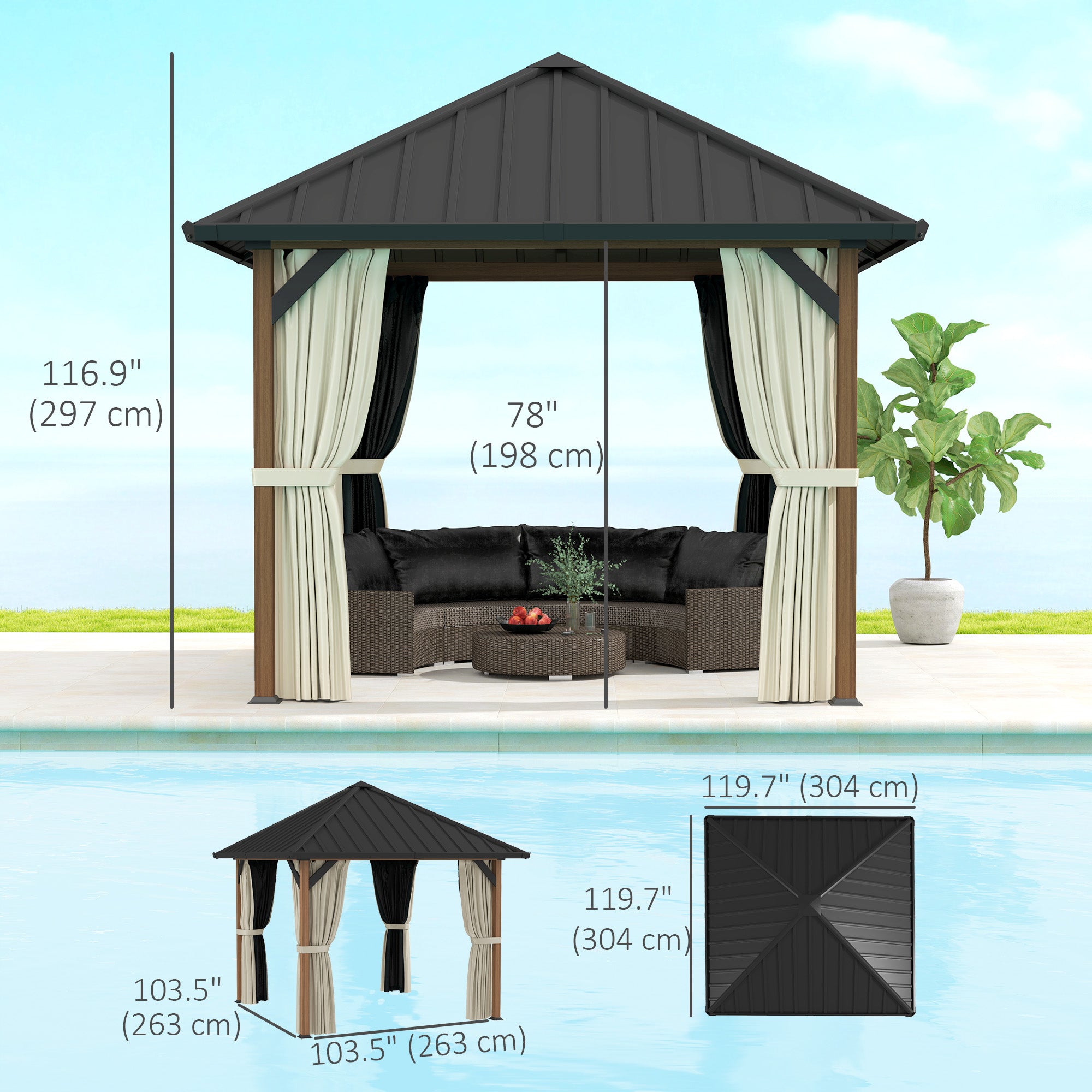 Outsunny 10' x 10' Waterproof Hardtop Metal Gazebo with Curtains & Privacy Netting dimensions and design overview by the poolside.