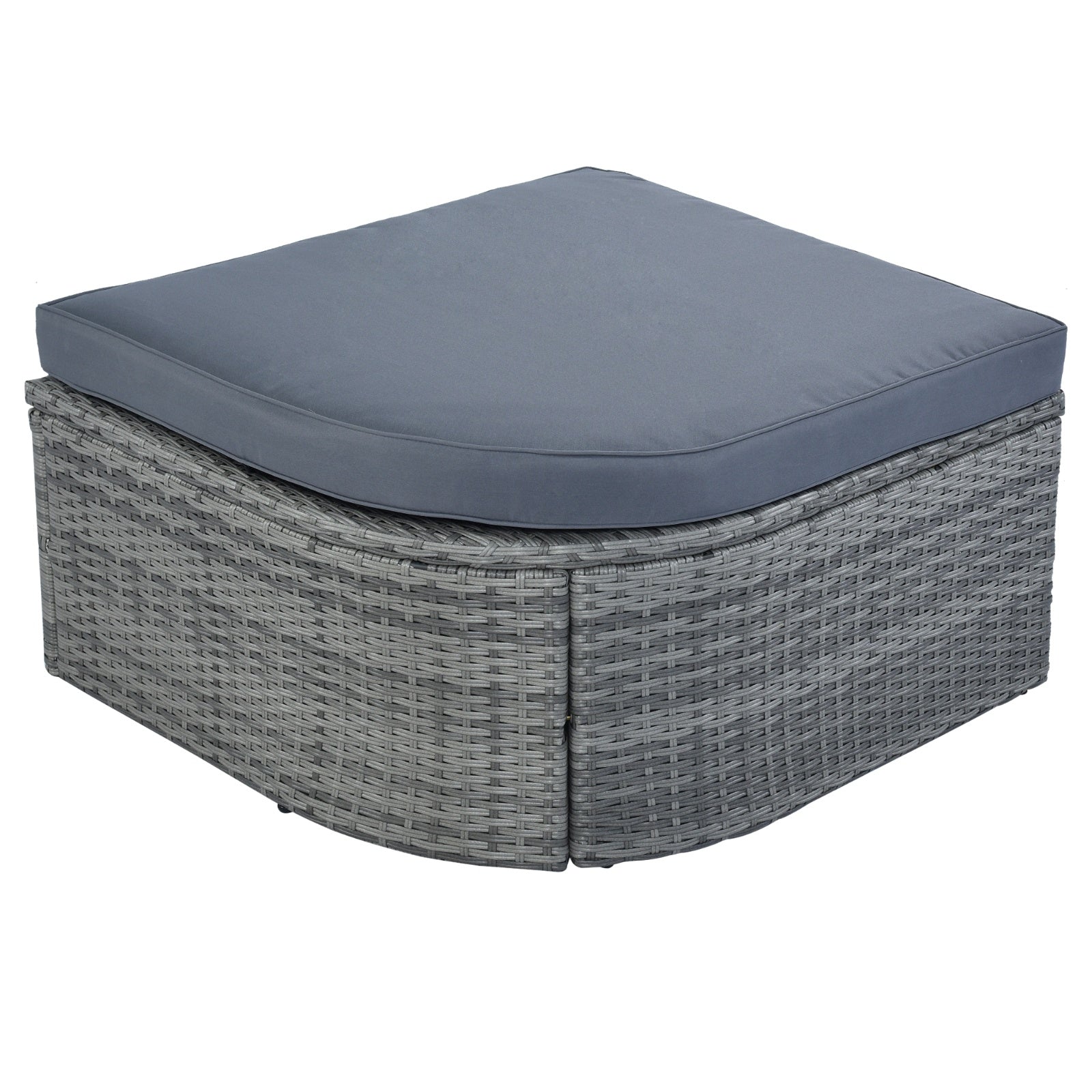 Comfortable gray wicker ottoman with a soft cushion from Dream Yard Oasis, part of the U STYLE Outdoor Wicker Daybed Sunbed Set with Canopy, perfect for relaxing outdoors.