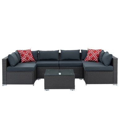 7-Piece Patio Furniture Set with Tempered Glass Coffee Table featuring dark gray PE wicker finish and plush cushions, ideal for outdoor gatherings.