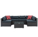 7-Piece Patio Furniture Set with Tempered Glass Coffee Table featuring dark gray PE wicker finish and plush cushions, ideal for outdoor gatherings.