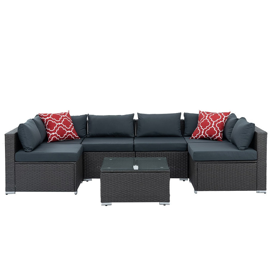 7-Piece Patio Furniture Set with Tempered Glass Coffee Table featuring dark gray PE wicker finish and plush cushions, ideal for outdoor gatherings.