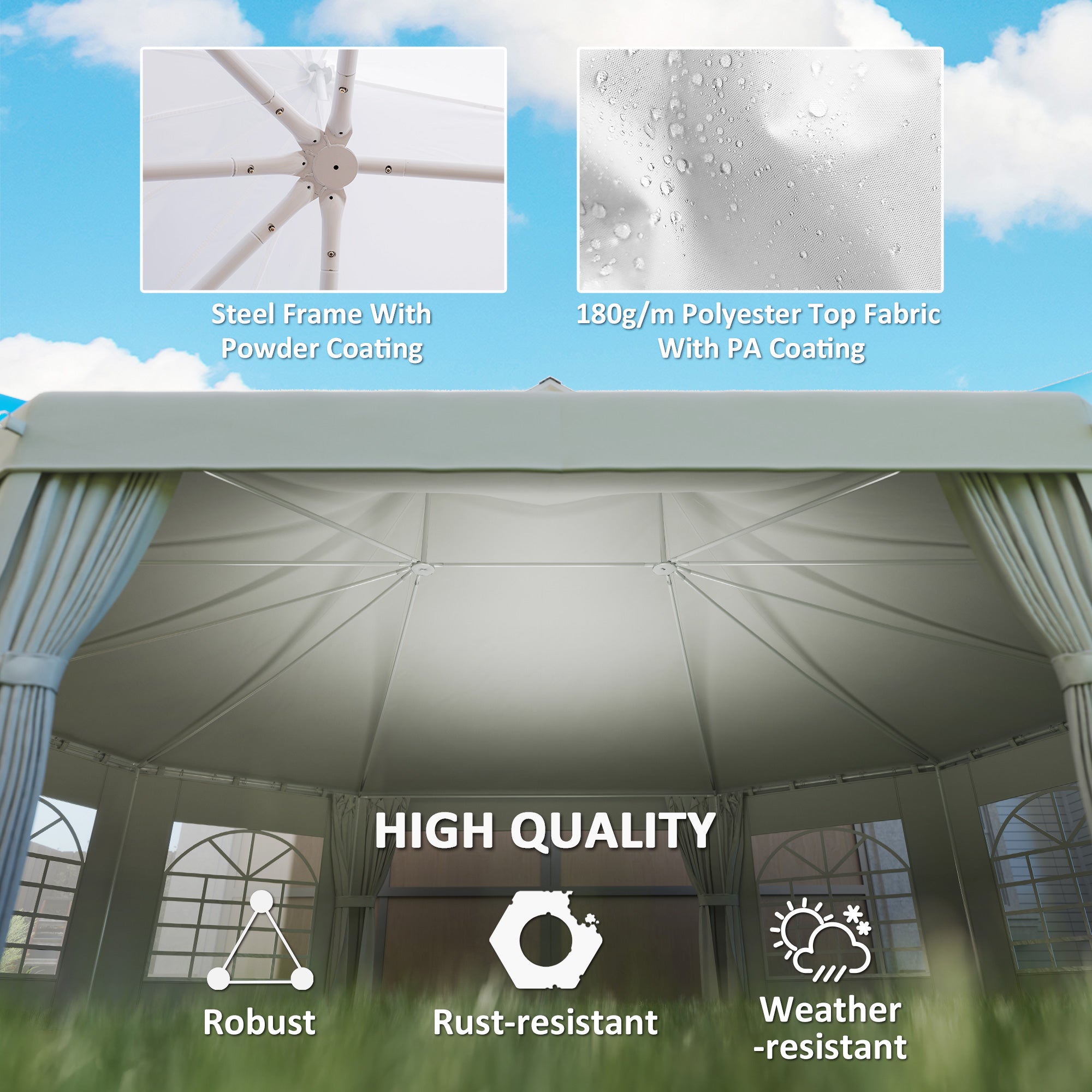 Interior view of the High Peak Decagonal Party Tent showcasing a robust steel frame with powder coating and durable weather-resistant fabric for long-lasting use.