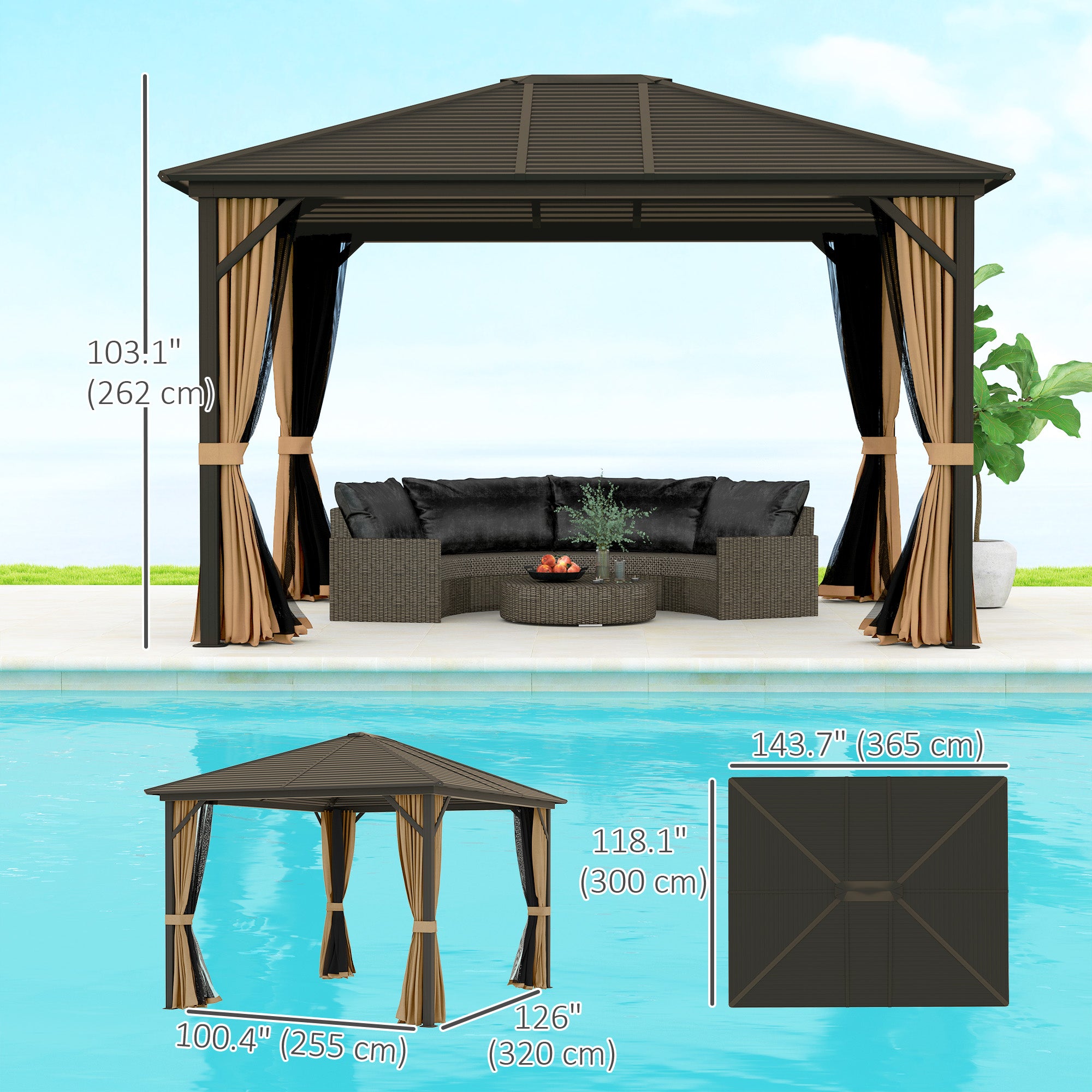 Dimensions of the Outsunny 10' x 12' Hardtop Gazebo highlighted next to stylish outdoor seating, showcasing its spacious design and durability by a pool.
