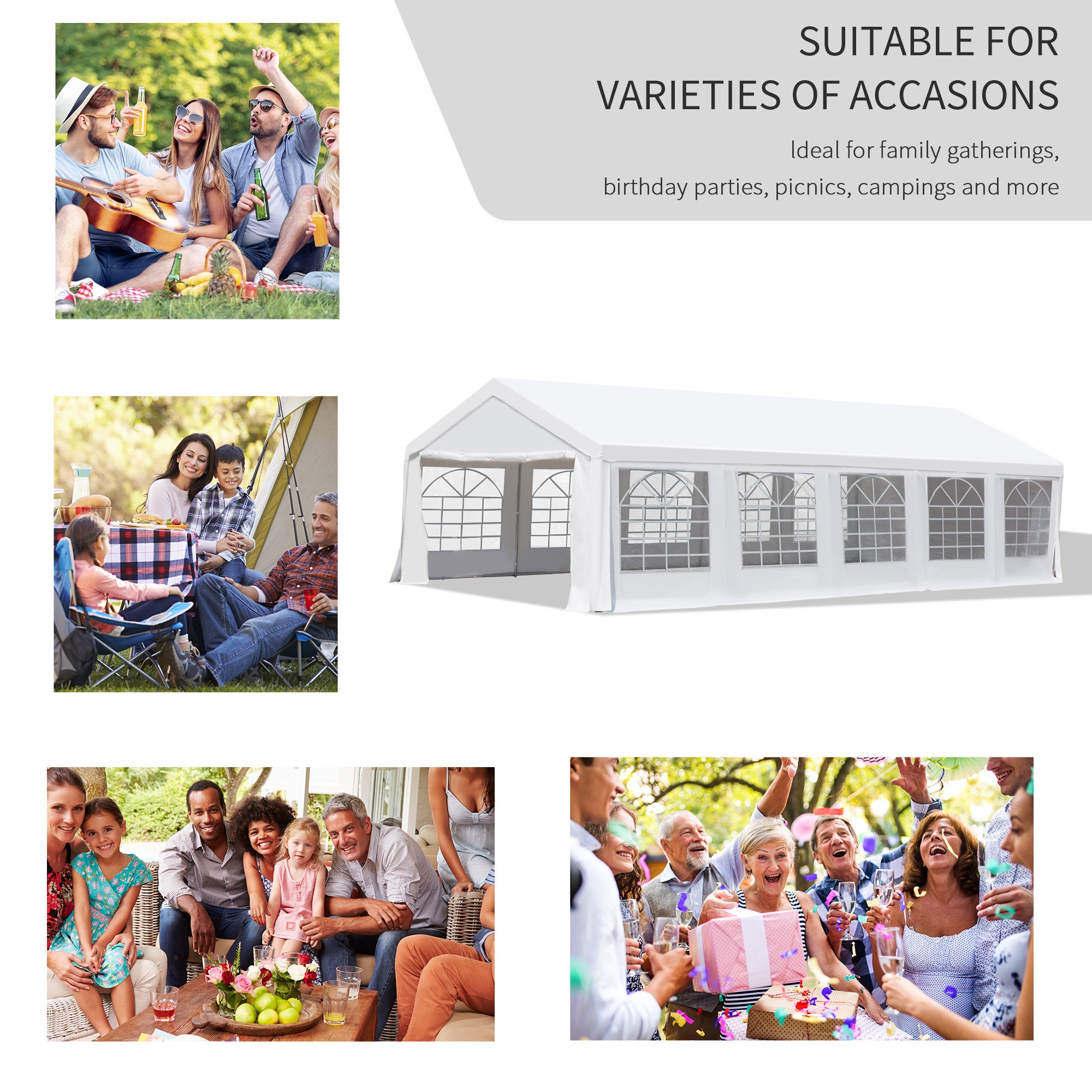 People enjoying various outdoor gatherings under the Outsunny 32'x16' Heavy Duty Steel Outdoor Wedding Canopy Tent with UV Protection & 4 Sidewalls. Ideal for birthdays, picnics, and family celebrations from Dream Yard Oasis™.