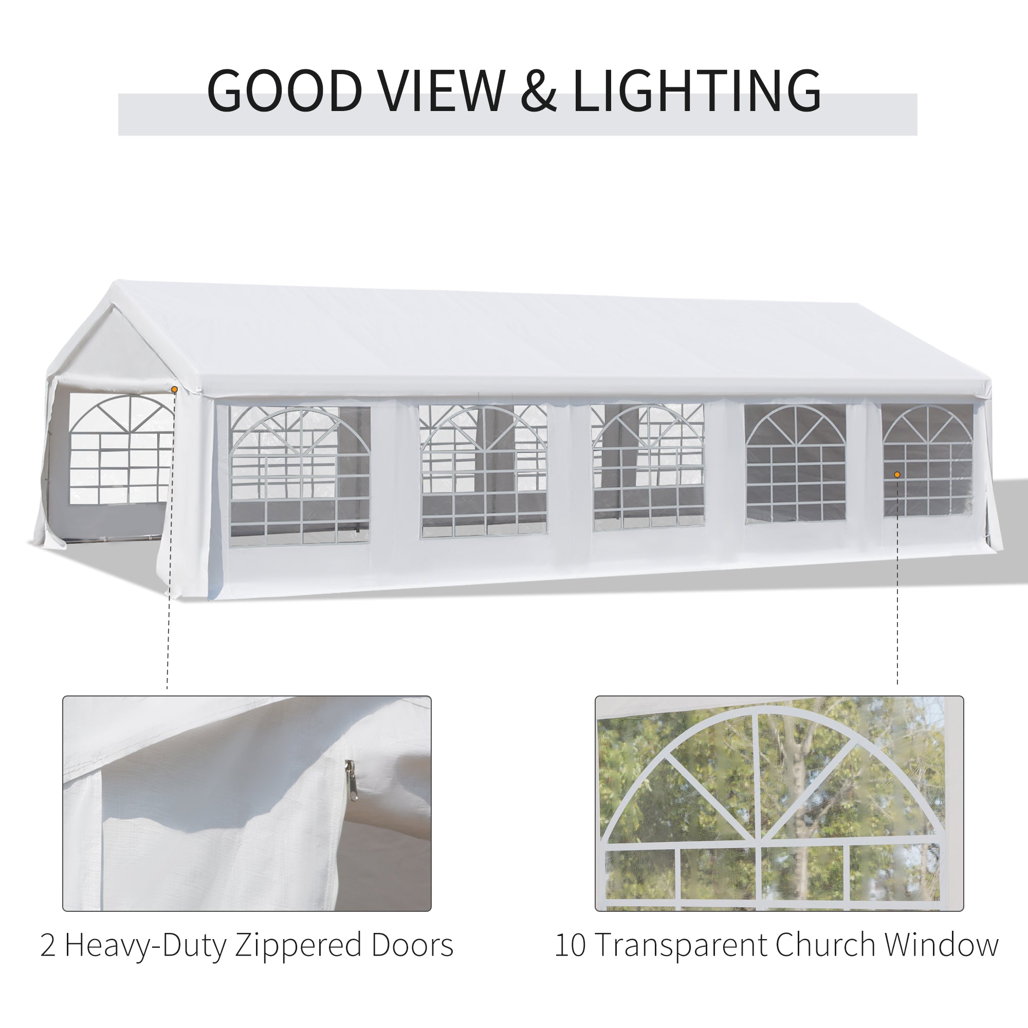Interior view of the Outsunny 32'x16' Heavy Duty Steel Outdoor Wedding Canopy Tent by Dream Yard Oasis™, featuring two heavy-duty zippered doors and ten transparent church windows.