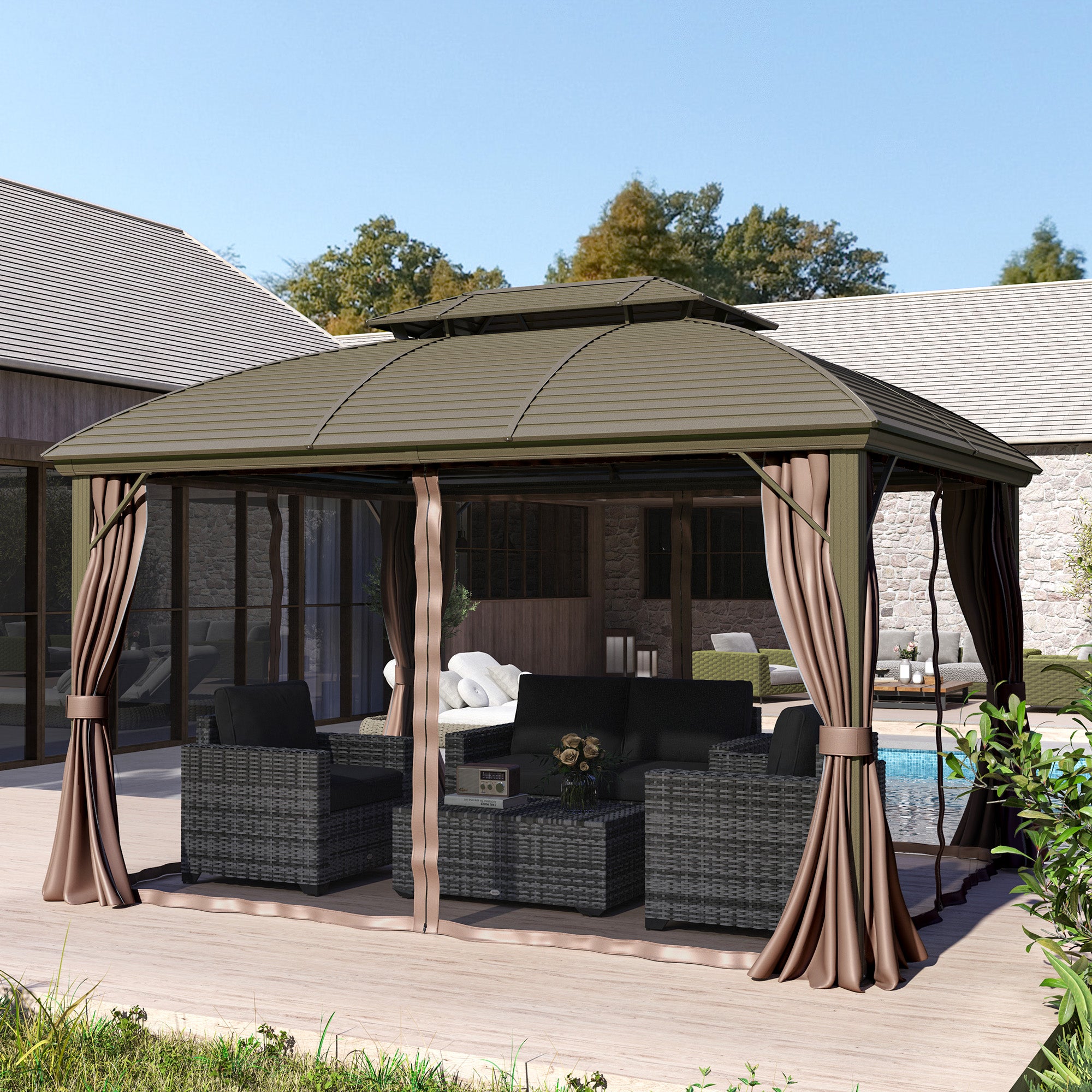 Outsunny 10' x 12' Hardtop Patio Gazebo featuring a stylish design with a double roof, curtains, and sturdy aluminum frame, set in a beautiful outdoor space with seating.