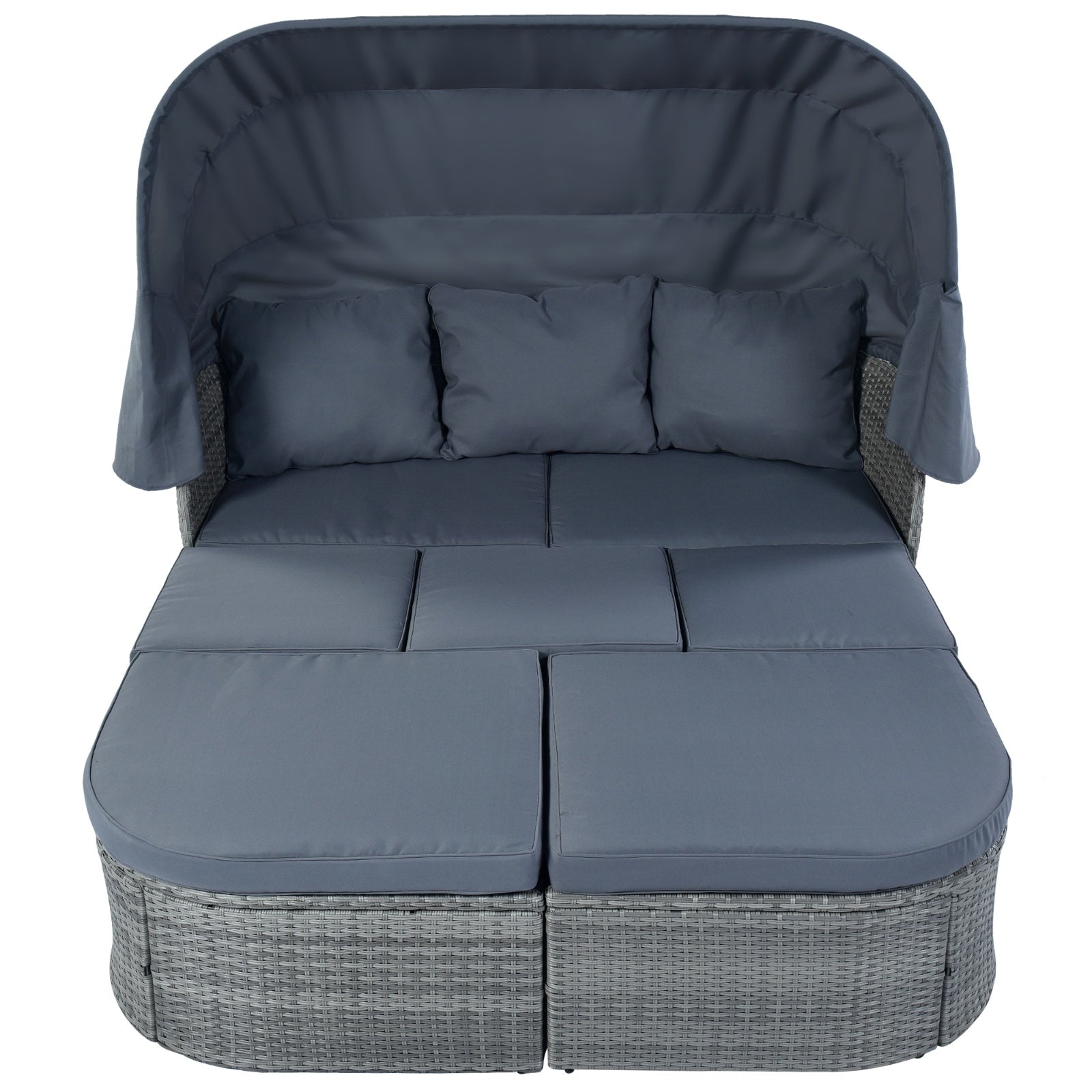 Comfortable outdoor daybed with retractable canopy and plush gray cushions, part of the U STYLE Outdoor Wicker Daybed Sunbed Set with Canopy by Dream Yard Oasis.