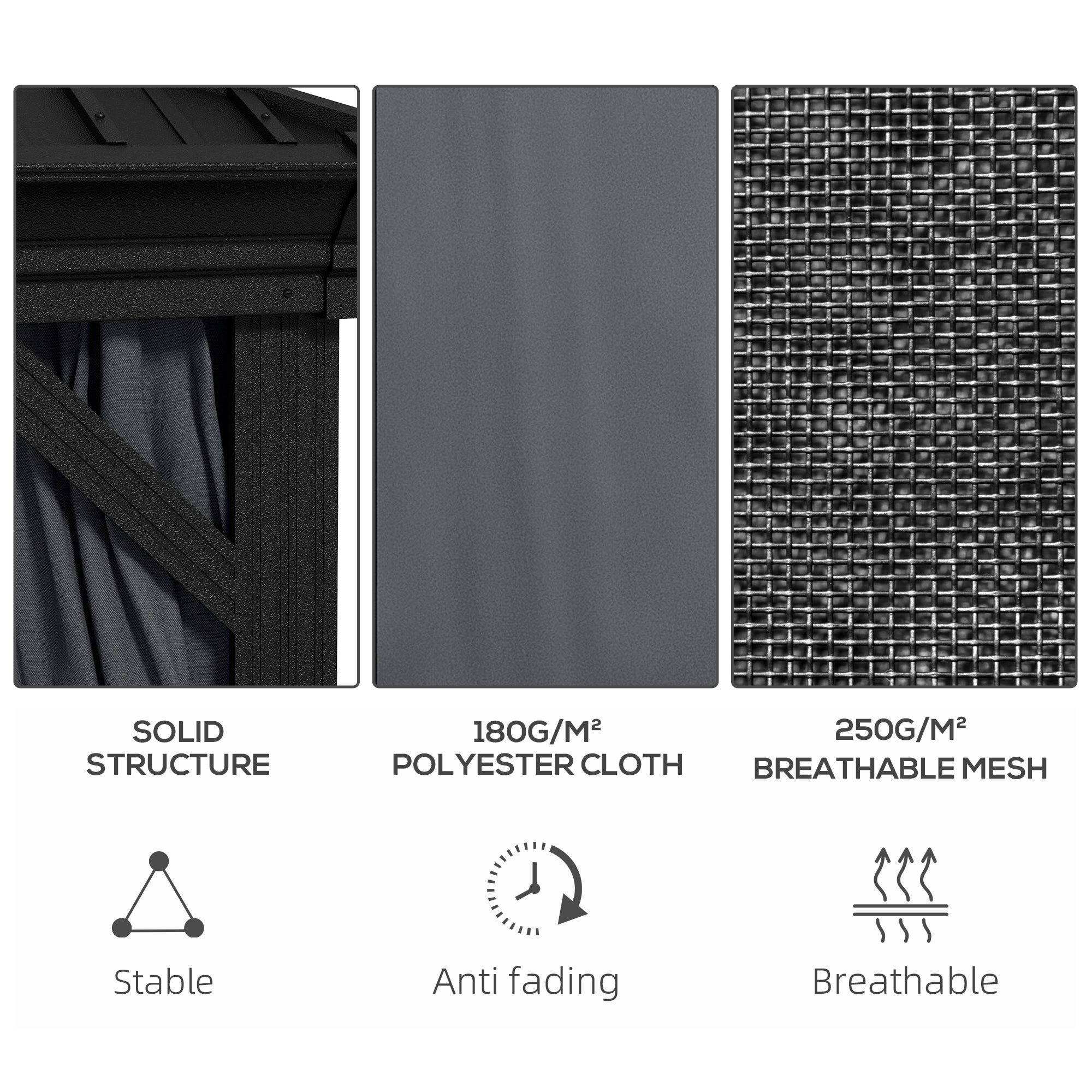 Material details of the Outsunny 10' x 12' Hardtop Gazebo, highlighting the solid structure and breathable mesh for effective outdoor enjoyment.