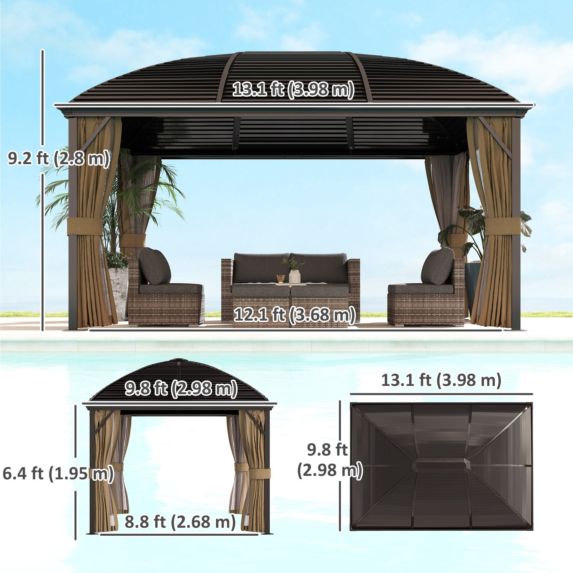 Dimensions and layout of the Outsunny 10' x 13' Hardtop Aluminum Gazebo, highlighting its spacious interior ideal for gatherings. Featuring stylish weather-resistant curtains.