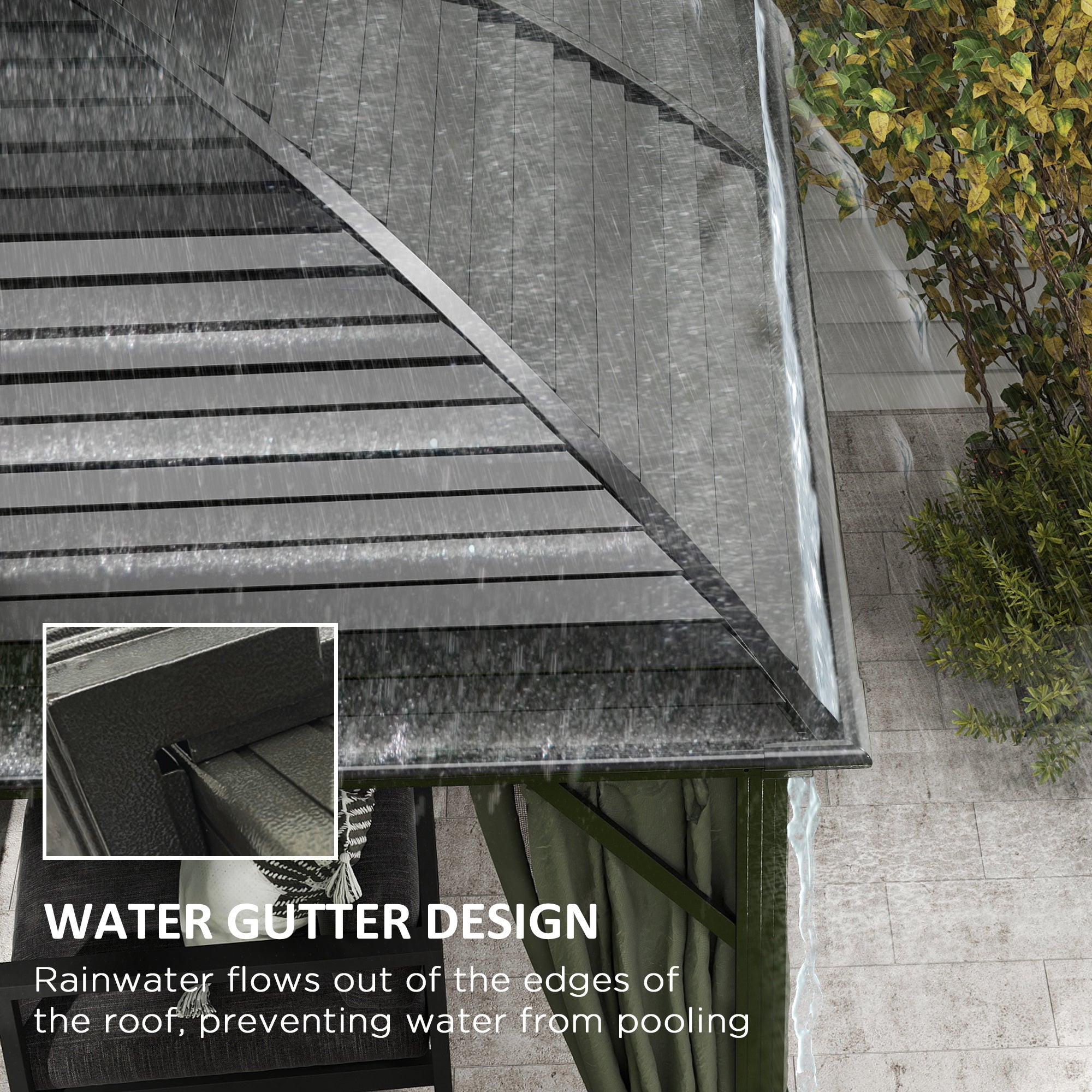 Close-up of the roof design of Outsunny 10' x 13' Aluminum Hardtop Gazebo, demonstrating a water gutter system that prevents pooling, ideal for rainy days.