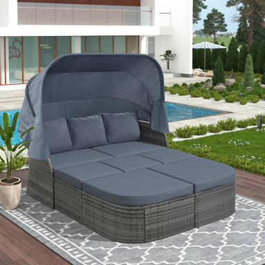 U STYLE Outdoor Wicker Daybed Sunbed Set with Canopy by Dream Yard Oasis, showcasing a cozy design with gray cushions, perfect for relaxing by the pool or in the garden.