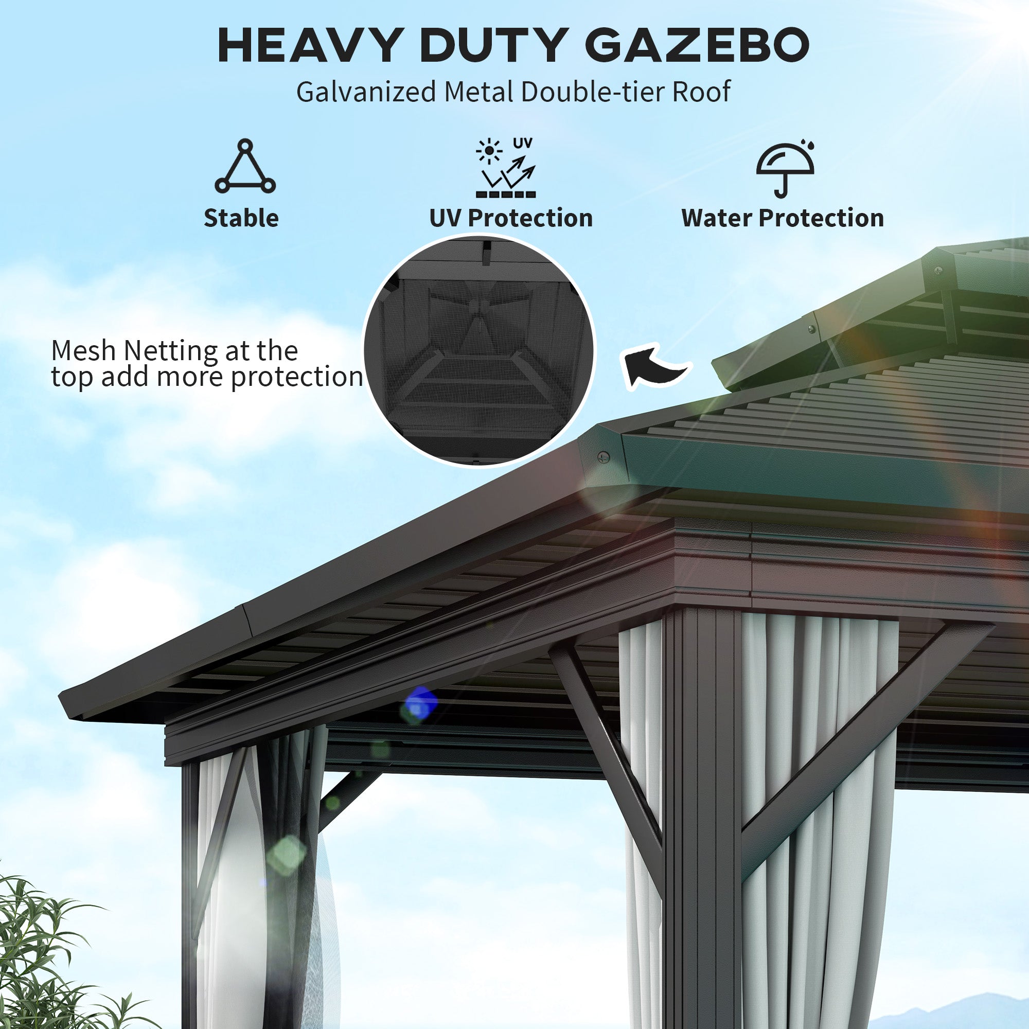 Close-up view of the Outsunny 10' x 10' Hardtop Patio Gazebo showing its durable galvanized metal double-tier roof and mesh netting for UV and water protection.