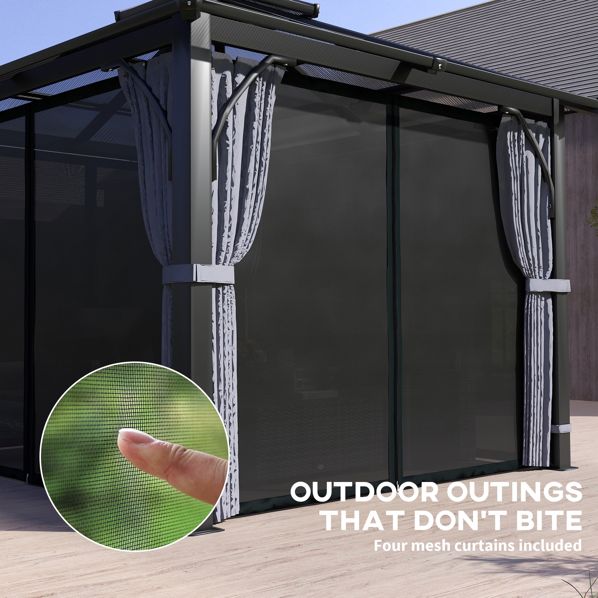 Outsunny 10' x 10' Hardtop Gazebo displaying its four mesh curtains to keep insects out while enjoying the outdoors, ideal for summer gatherings.
