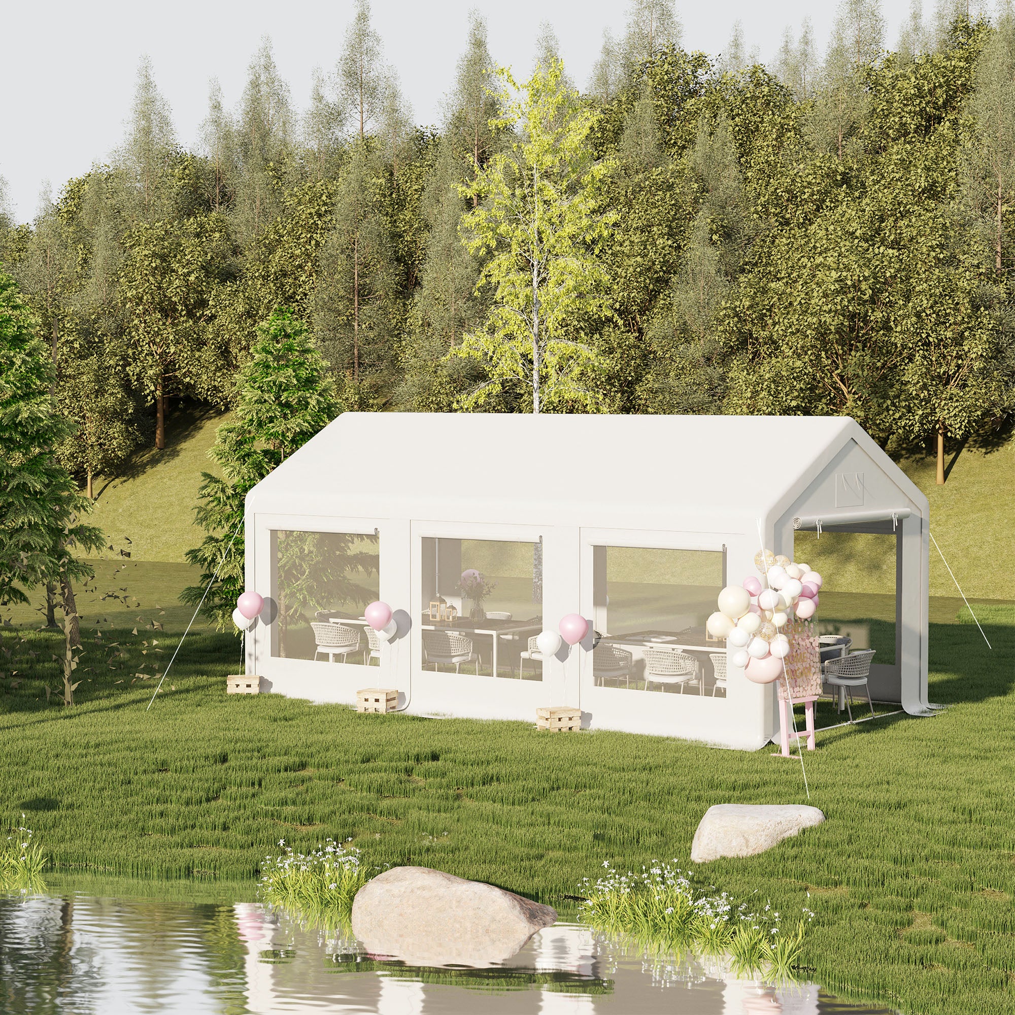 The Outsunny 20' x 10' Outdoor Party Tent Canopy beautifully set up in a scenic outdoor environment with decoration, perfect for events.