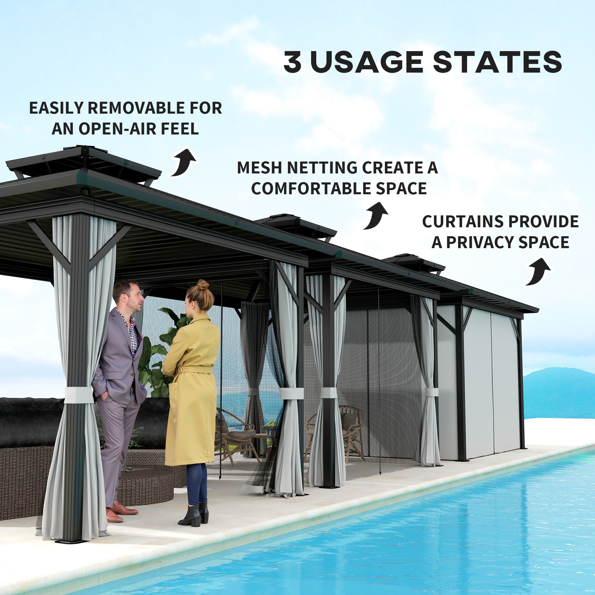 Outsunny 10' x 10' Hardtop Patio Gazebo showcasing three usage states: open-air feel, comfortable mesh netting, and privacy curtains, perfect for enhancing your outdoor space.